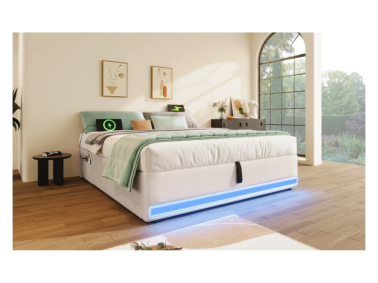 Lit rembourré 140x200 cm, LED télécommandée, USB + Type-C, petites poches de rangement, sans tête de lit, fonction de stockage hydraulique, sans matelas, Beige