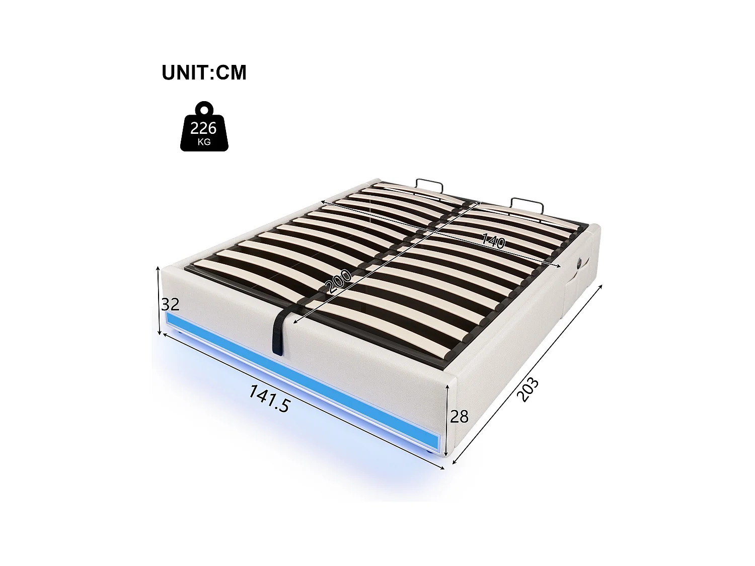 Lit rembourré 140x200 cm, LED télécommandée, USB + Type-C, petites poches de rangement, sans tête de lit, fonction de stockage hydraulique, sans matelas, Beige