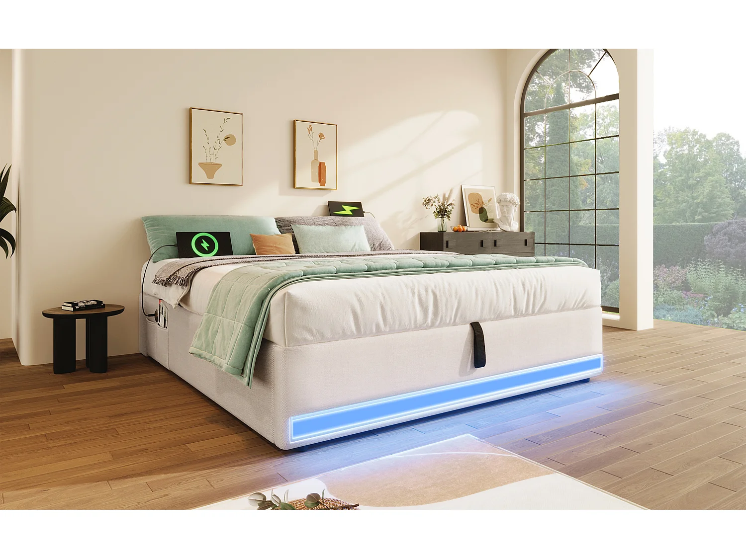 Lit rembourré 140x200 cm, LED télécommandée, USB + Type-C, petites poches de rangement, sans tête de lit, fonction de stockage hydraulique, sans matelas, Beige