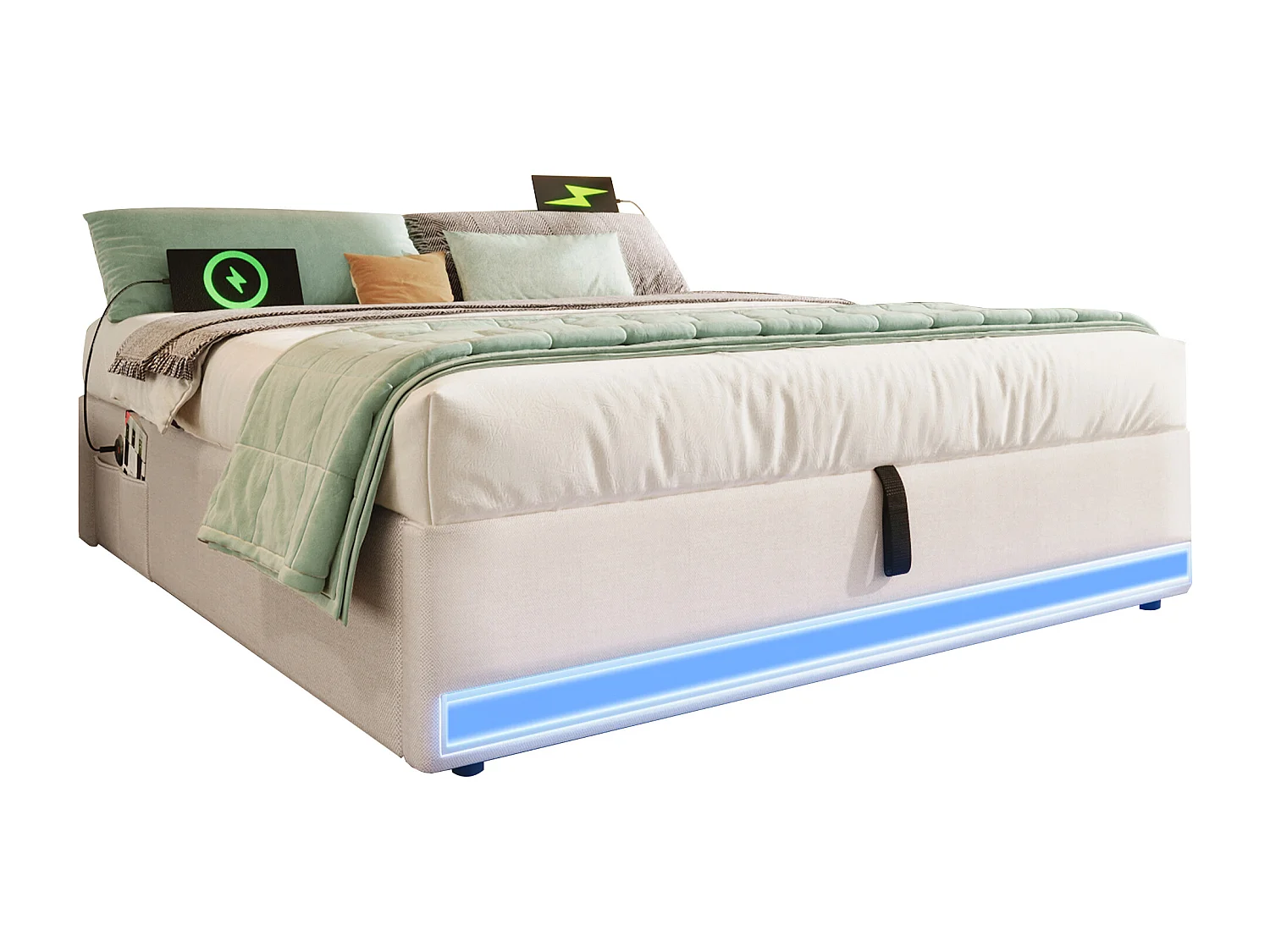 Lit rembourré 140x200 cm, LED télécommandée, USB + Type-C, petites poches de rangement, sans tête de lit, fonction de stockage hydraulique, sans matelas, Beige