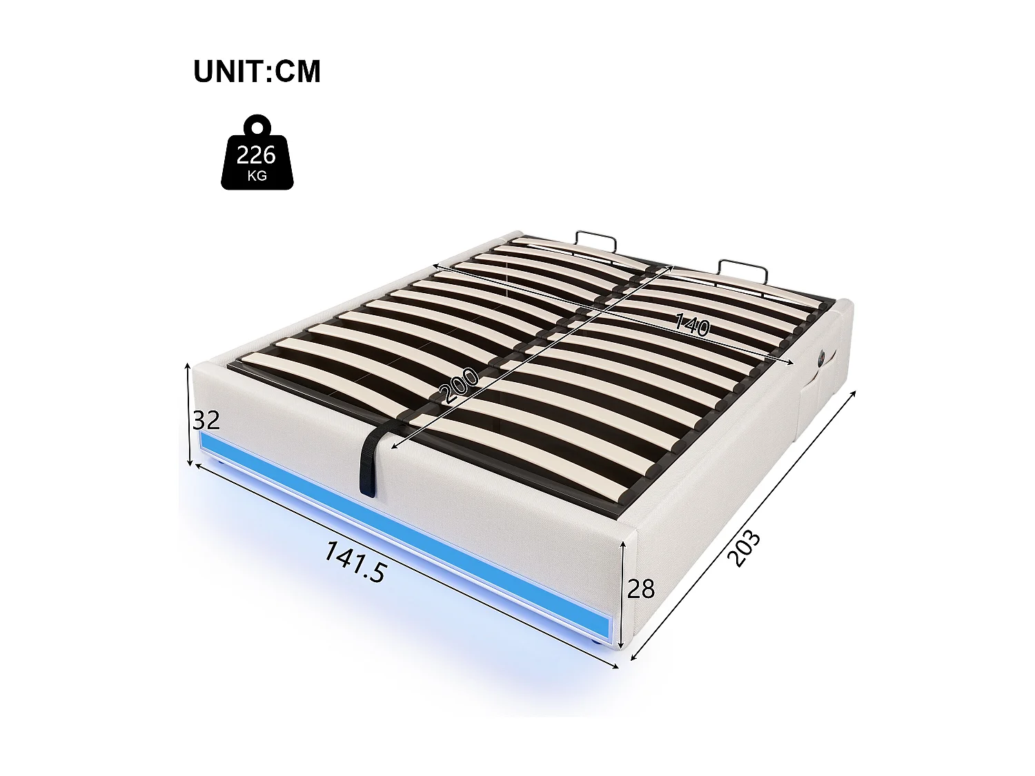 Lit rembourré 140x200 cm, LED télécommandée, USB + Type-C, petites poches de rangement, sans tête de lit, fonction de stockage hydraulique, sans matelas, Beige