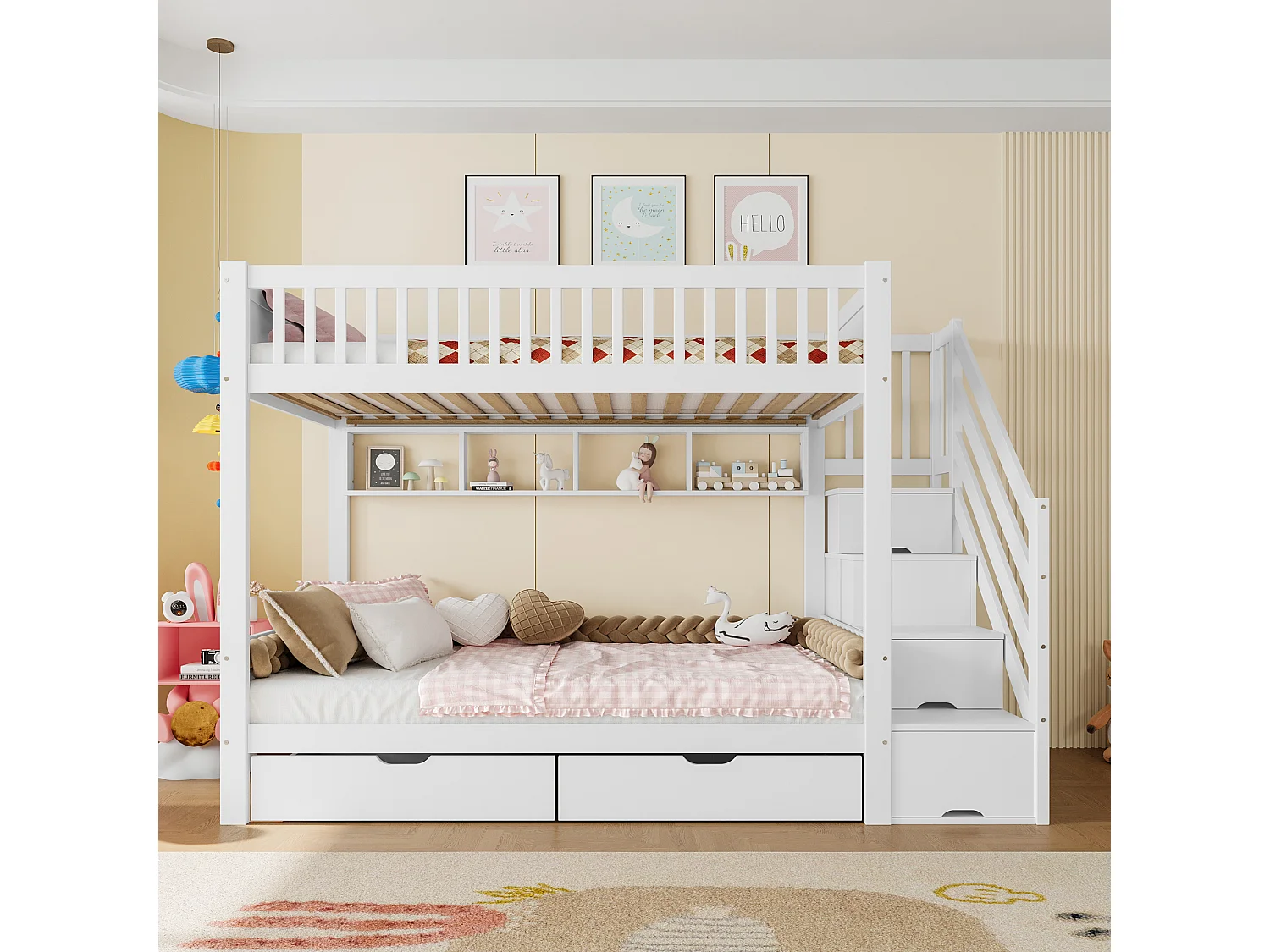 Lit superposé 90x200 cm, lit enfant avec tiroir, étagère, armoire et espace de rangement, sans matelas, Blanc