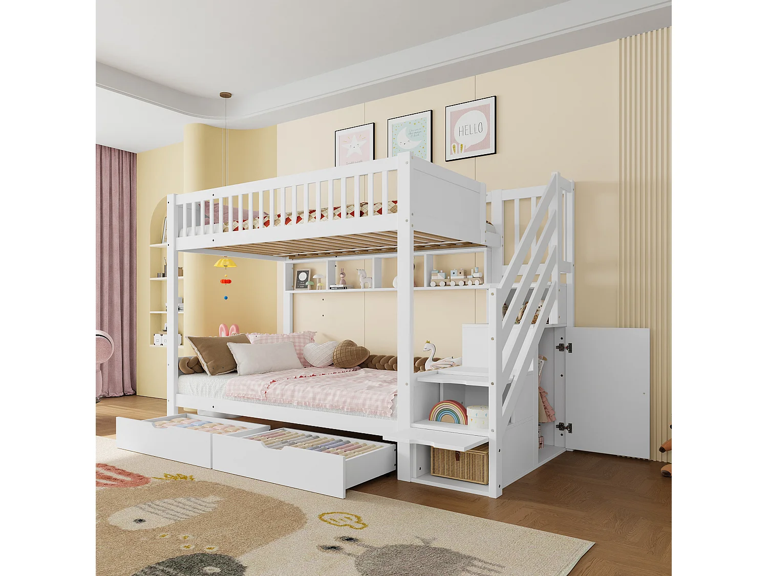 Lit superposé 90x200 cm, lit enfant avec tiroir, étagère, armoire et espace de rangement, sans matelas, Blanc