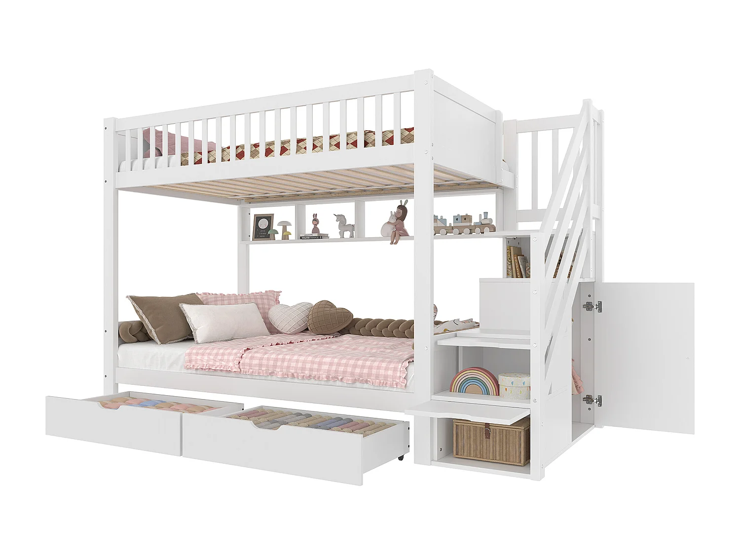 Lit superposé 90x200 cm, lit enfant avec tiroir, étagère, armoire et espace de rangement, sans matelas, Blanc