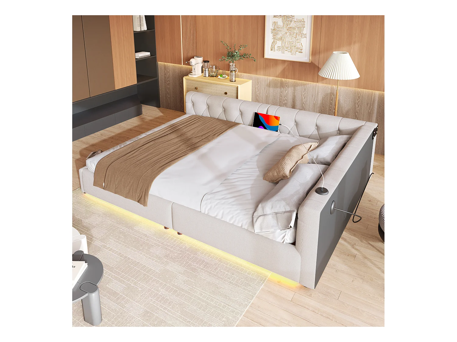 Canapé-lit 140x200 cm en lin beige, avec LED d’ambiance télécommandée, ports USB et Type-C, tête capitonnée, sommier inclus