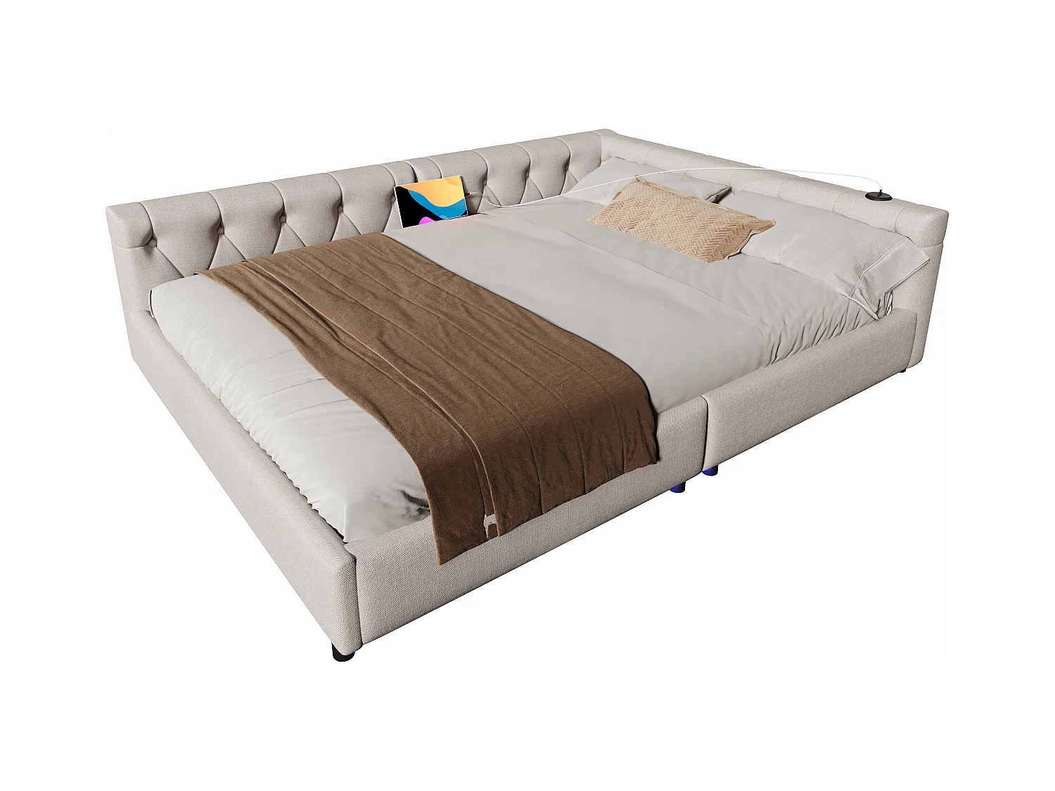 Canapé-lit 140x200 cm en lin beige, avec LED d’ambiance télécommandée, ports USB et Type-C, tête capitonnée, sommier inclus