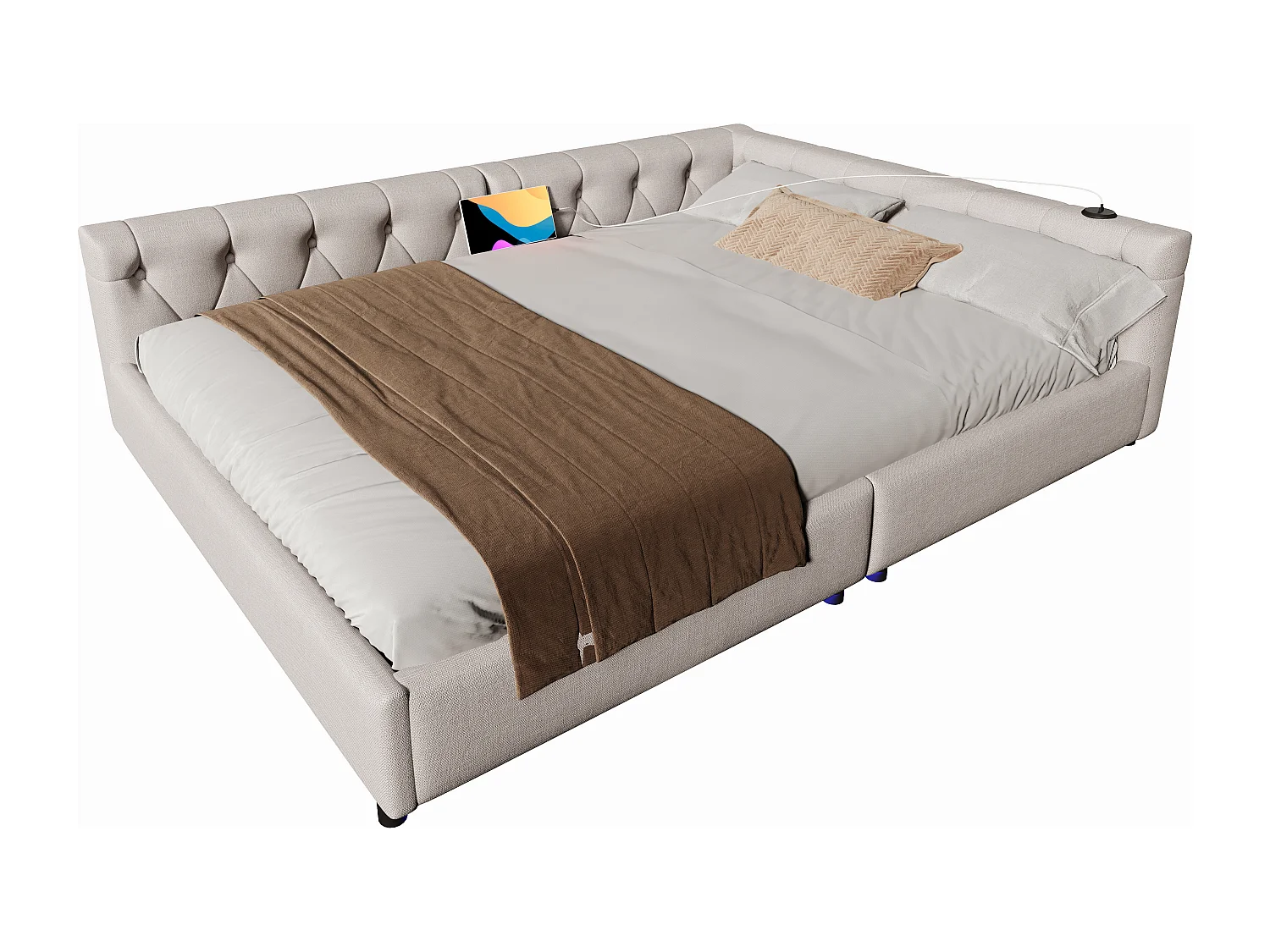 Canapé-lit 140x200 cm en lin beige, avec LED d’ambiance télécommandée, ports USB et Type-C, tête capitonnée, sommier inclus