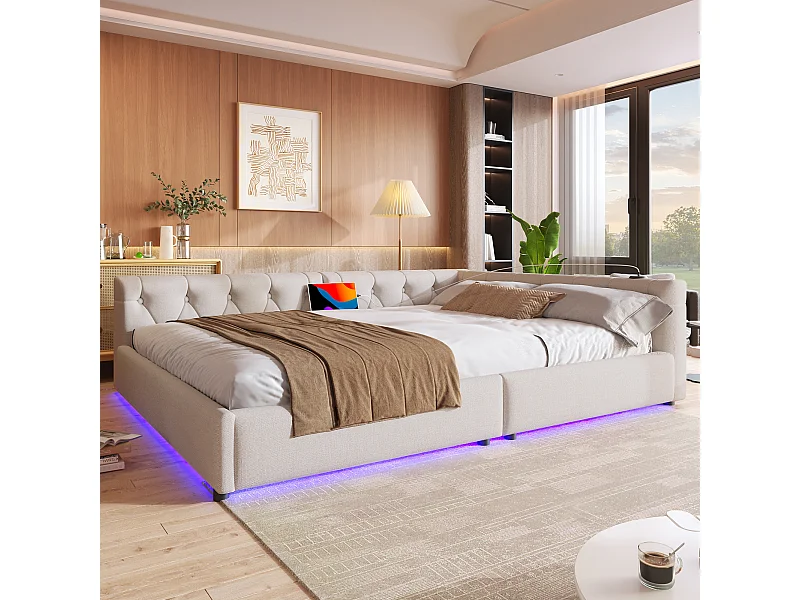 Canapé-lit 140x200 cm en lin beige, avec LED d’ambiance télécommandée, ports USB et Type-C, tête capitonnée, sommier inclus
