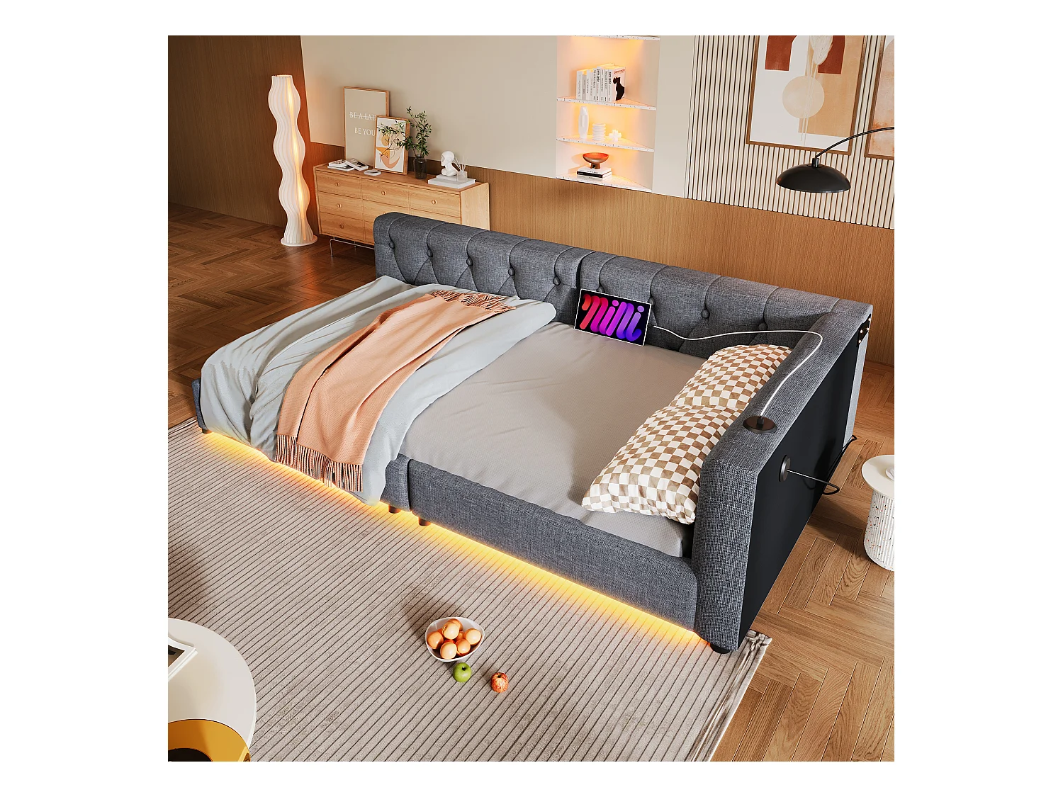 Canapé-lit 90x200 cm en lin gris, avec LED d’ambiance télécommandée, ports USB et Type-C, tête capitonnée, sommier inclus