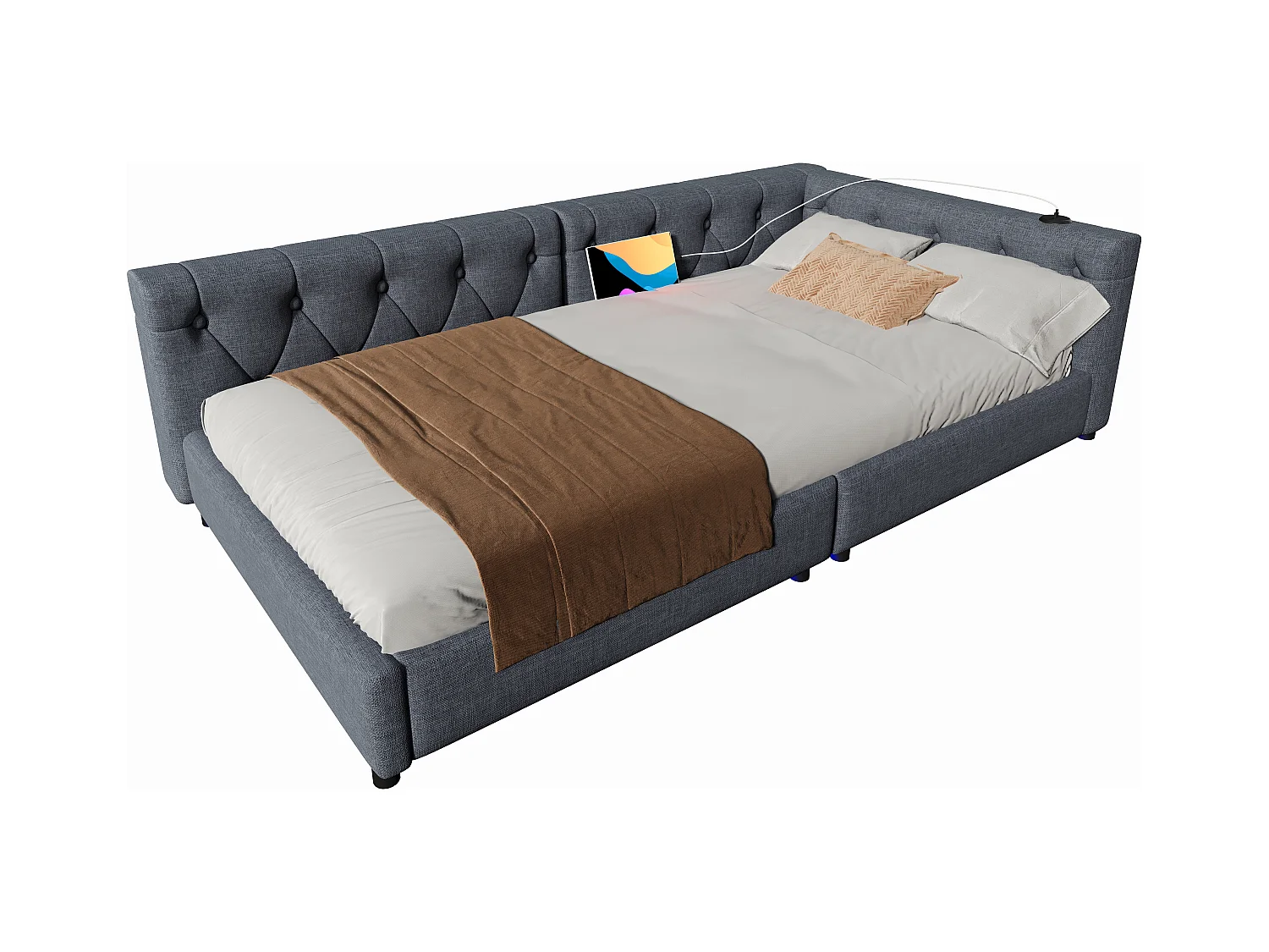 Canapé-lit 90x200 cm en lin gris, avec LED d’ambiance télécommandée, ports USB et Type-C, tête capitonnée, sommier inclus