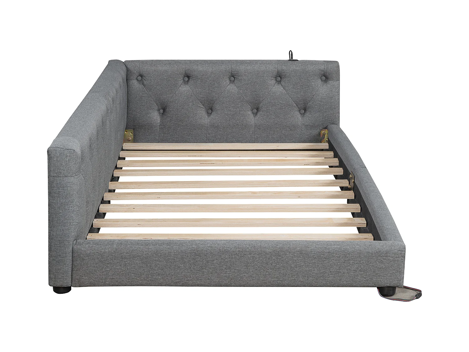 Canapé-lit 90x200 cm en lin gris, avec LED d’ambiance télécommandée, ports USB et Type-C, tête capitonnée, sommier inclus