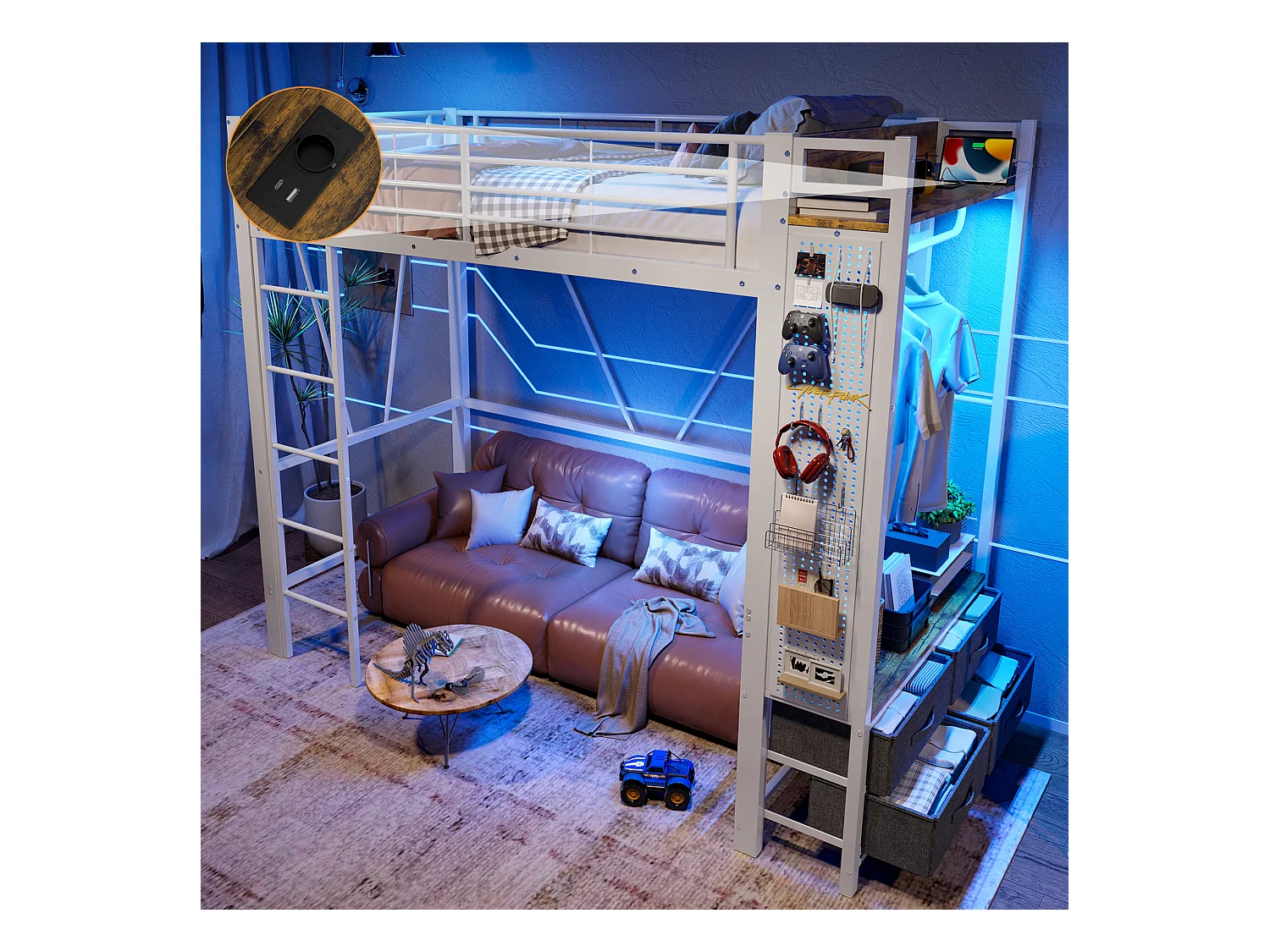 Lit mezzanine 90x200 cm, cadre en métal avec bureau, étagères, 4 tiroirs, prise USB + Type-C, LED, échelle, sans matelas, Blanc