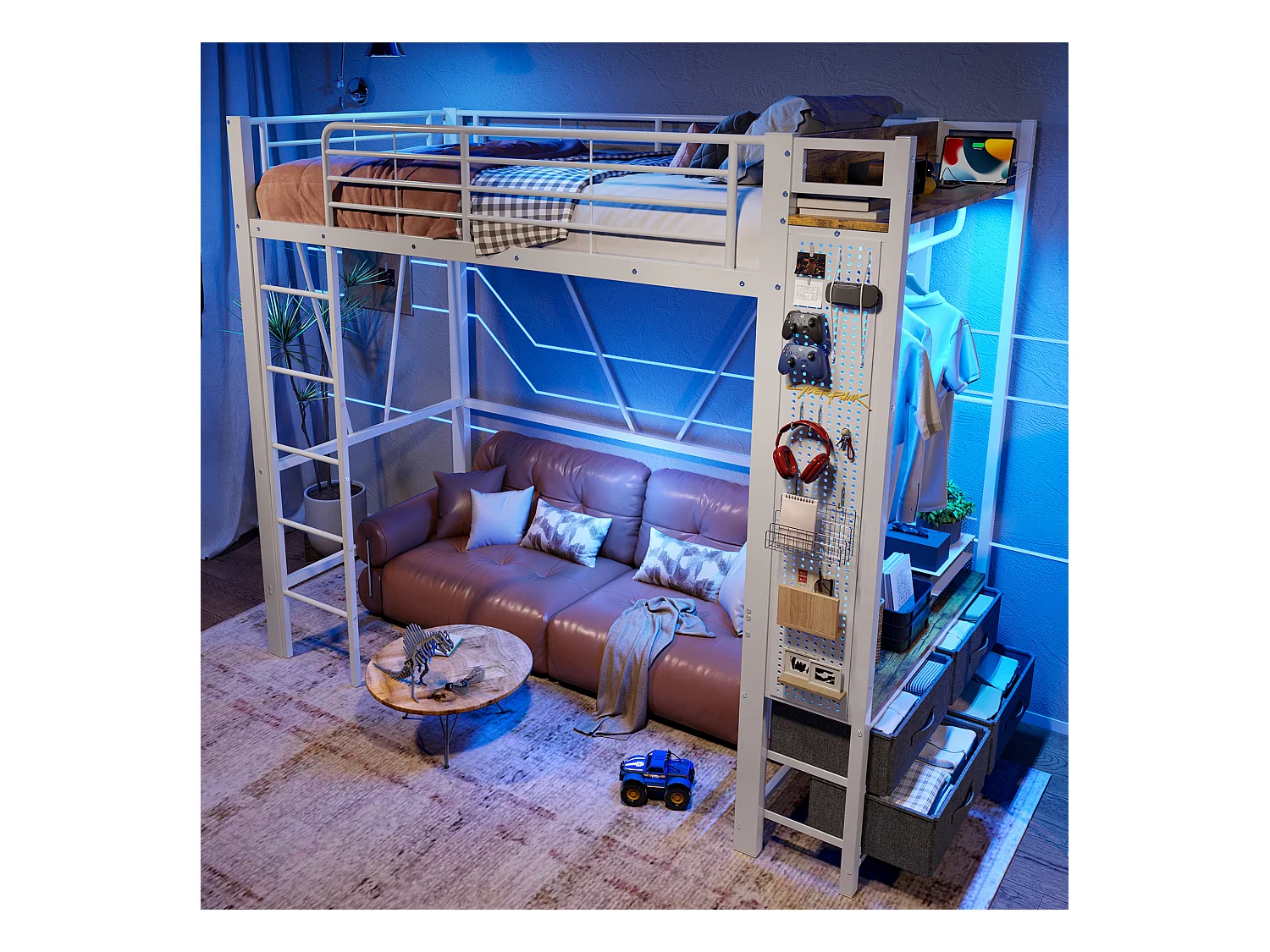 Lit mezzanine 90x200 cm, cadre en métal avec bureau, étagères, 4 tiroirs, prise USB + Type-C, LED, échelle, sans matelas, Blanc