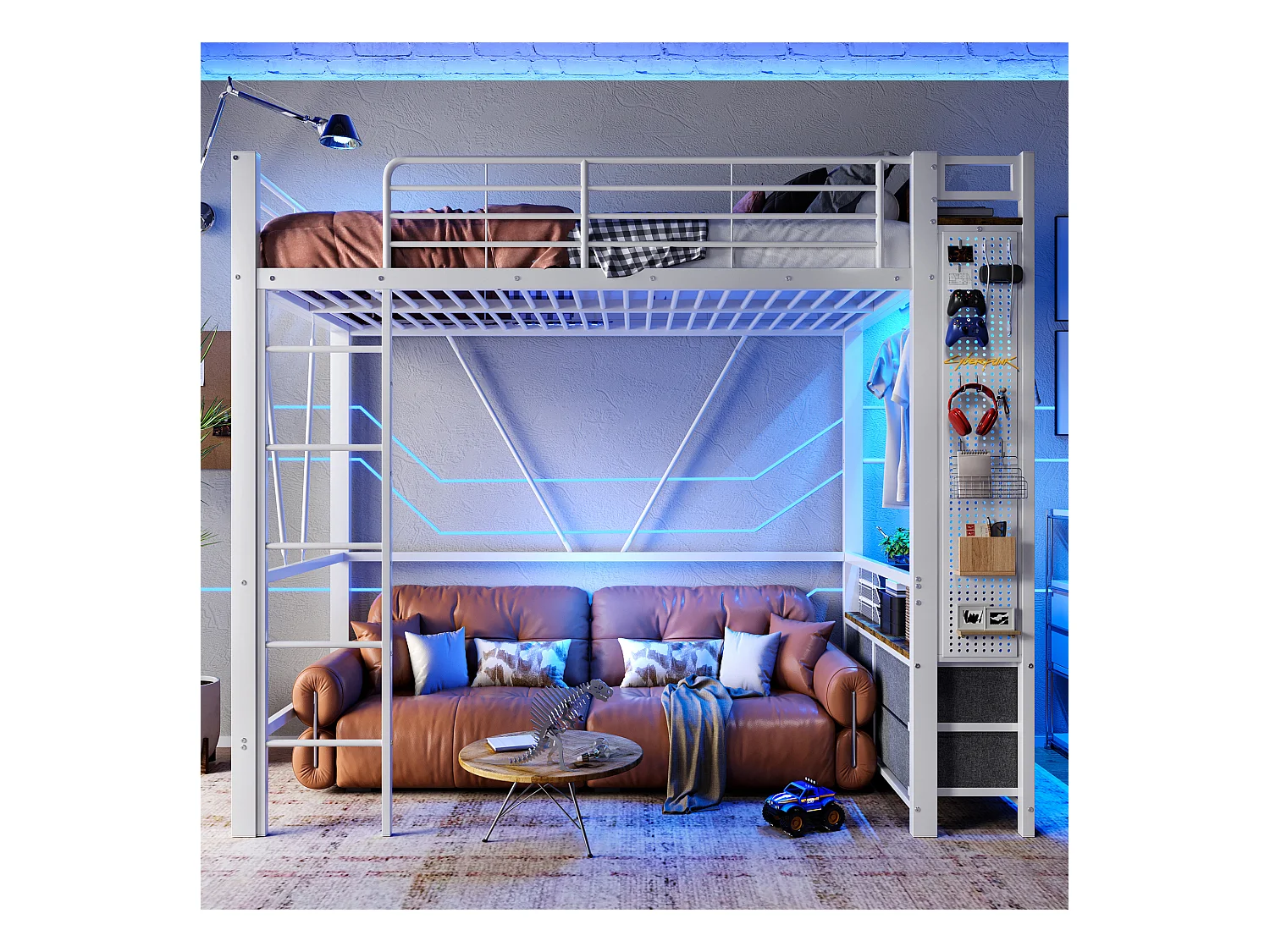 Lit mezzanine 90x200 cm, cadre en métal avec bureau, étagères, 4 tiroirs, prise USB + Type-C, LED, échelle, sans matelas, Blanc
