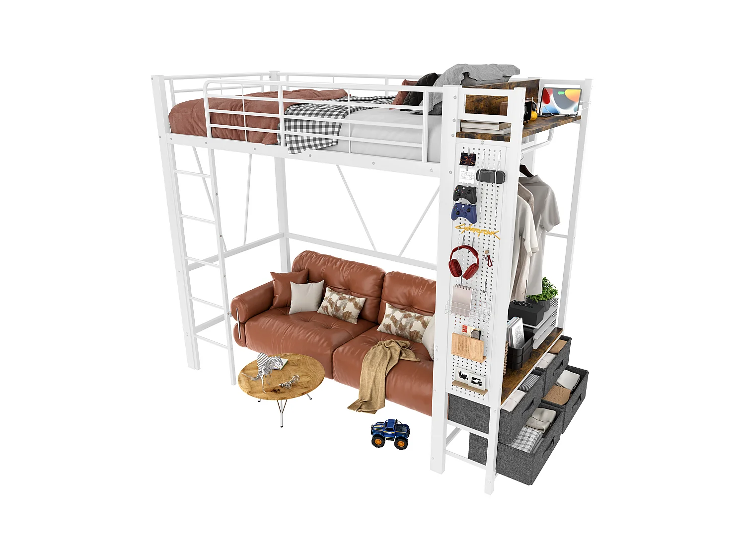 Lit mezzanine 90x200 cm, cadre en métal avec bureau, étagères, 4 tiroirs, prise USB + Type-C, LED, échelle, sans matelas, Blanc