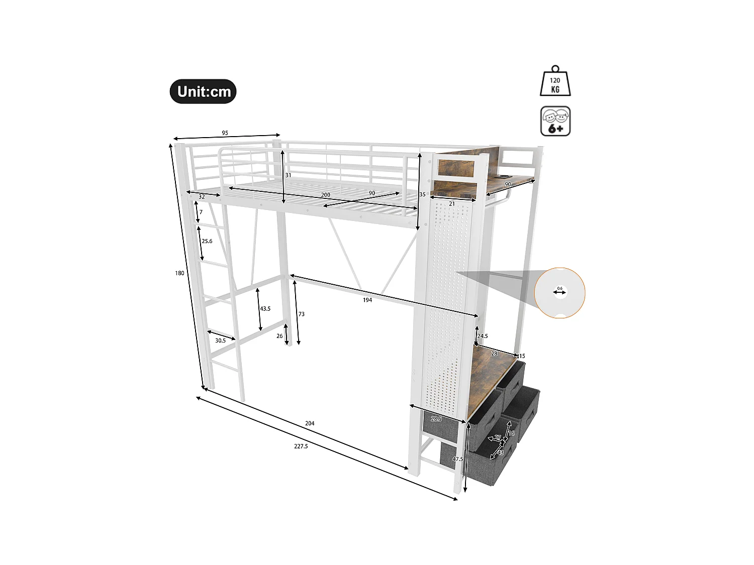 Lit mezzanine 90x200 cm, cadre en métal avec bureau, étagères, 4 tiroirs, prise USB + Type-C, LED, échelle, sans matelas, Blanc