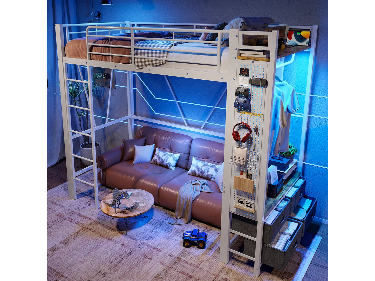 Lit mezzanine 90x200 cm, cadre en métal avec bureau, étagères, 4 tiroirs, prise USB + Type-C, LED, échelle, sans matelas, Blanc