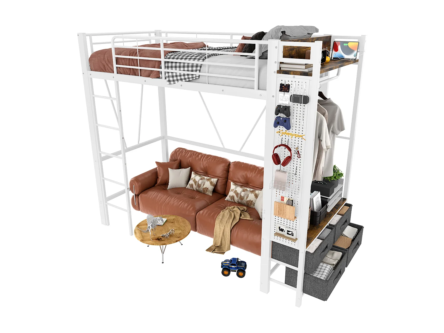 Lit mezzanine 90x200 cm, cadre en métal avec bureau, étagères, 4 tiroirs, prise USB + Type-C, LED, échelle, sans matelas, Blanc