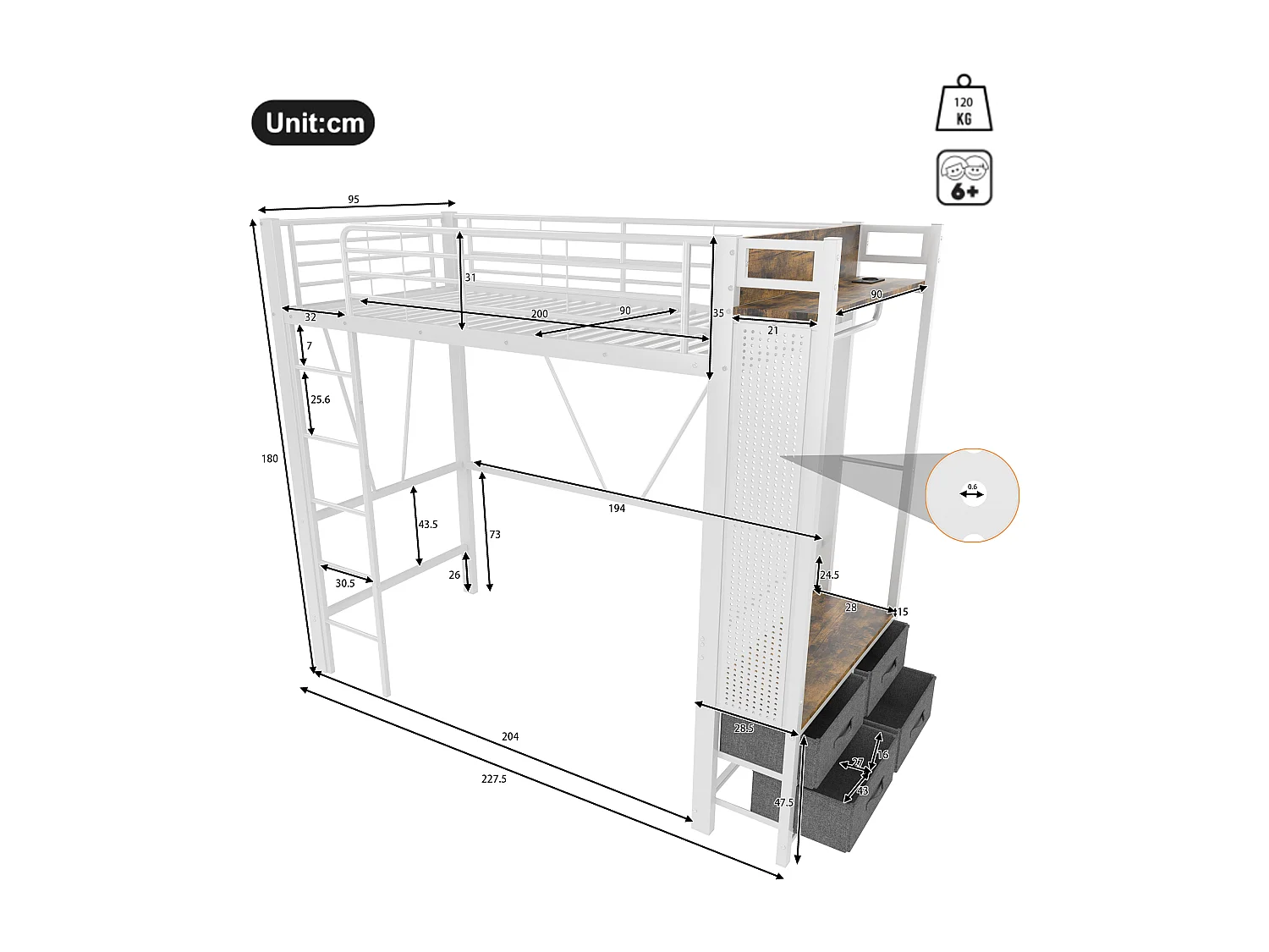 Lit mezzanine 90x200 cm, cadre en métal avec bureau, étagères, 4 tiroirs, prise USB + Type-C, LED, échelle, sans matelas, Blanc