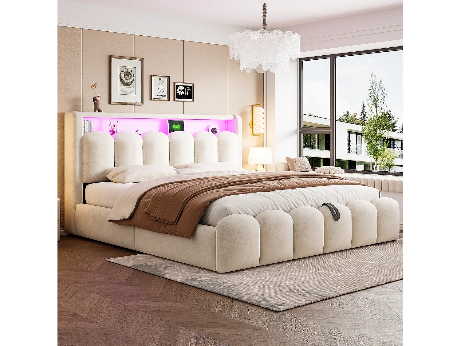 Lit double 180×200 cm en velours beige avec fonction de rangement hydraulique et ports USB