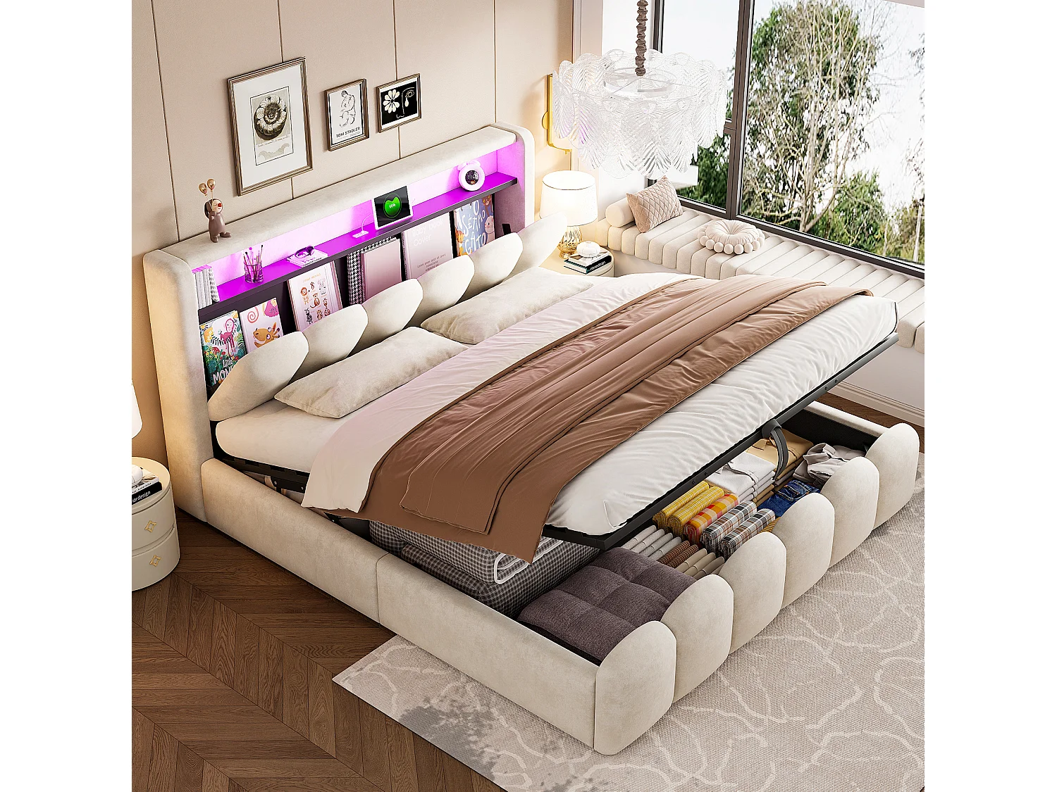 Lit double 180×200 cm en velours beige avec fonction de rangement hydraulique et ports USB