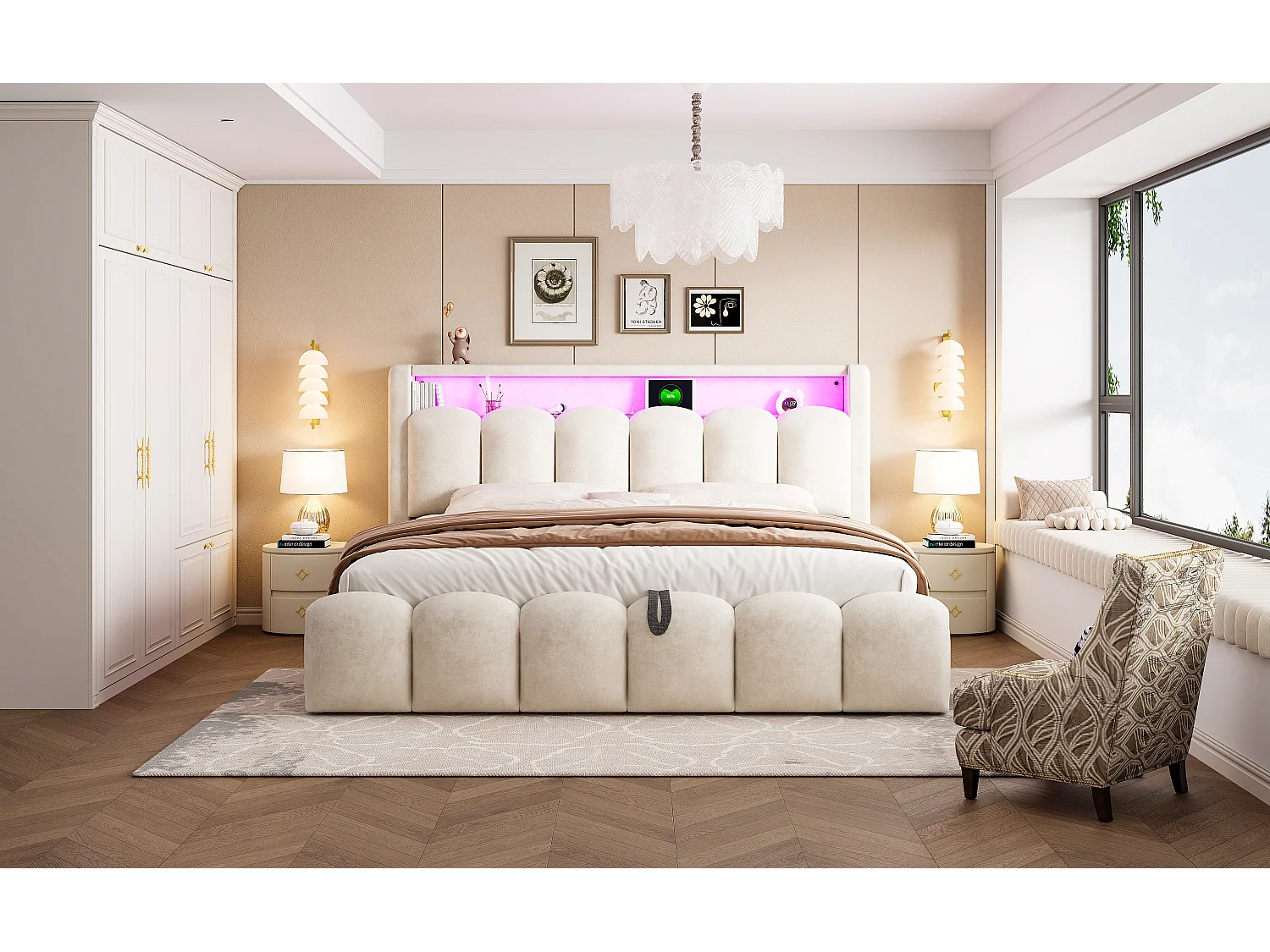 Lit double 180×200 cm en velours beige avec fonction de rangement hydraulique et ports USB