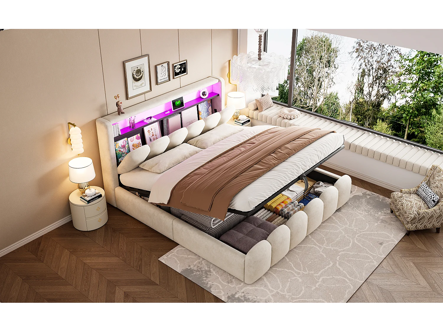 Lit double 180×200 cm en velours beige avec fonction de rangement hydraulique et ports USB
