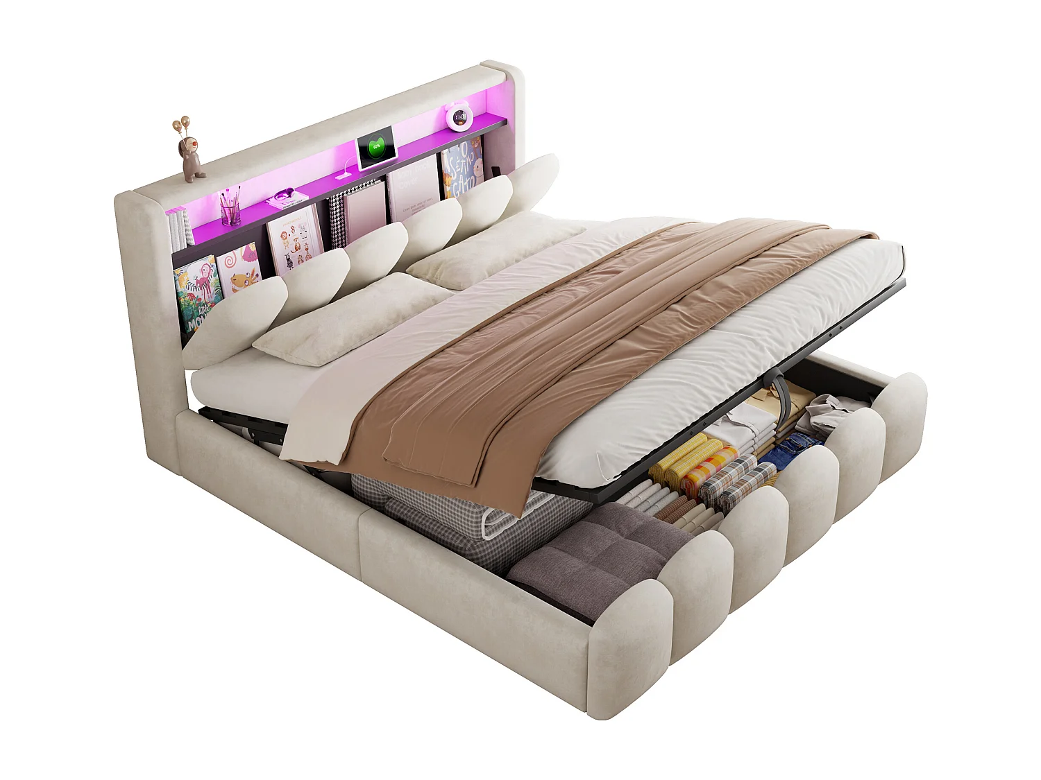 Lit double 180×200 cm en velours beige avec fonction de rangement hydraulique et ports USB