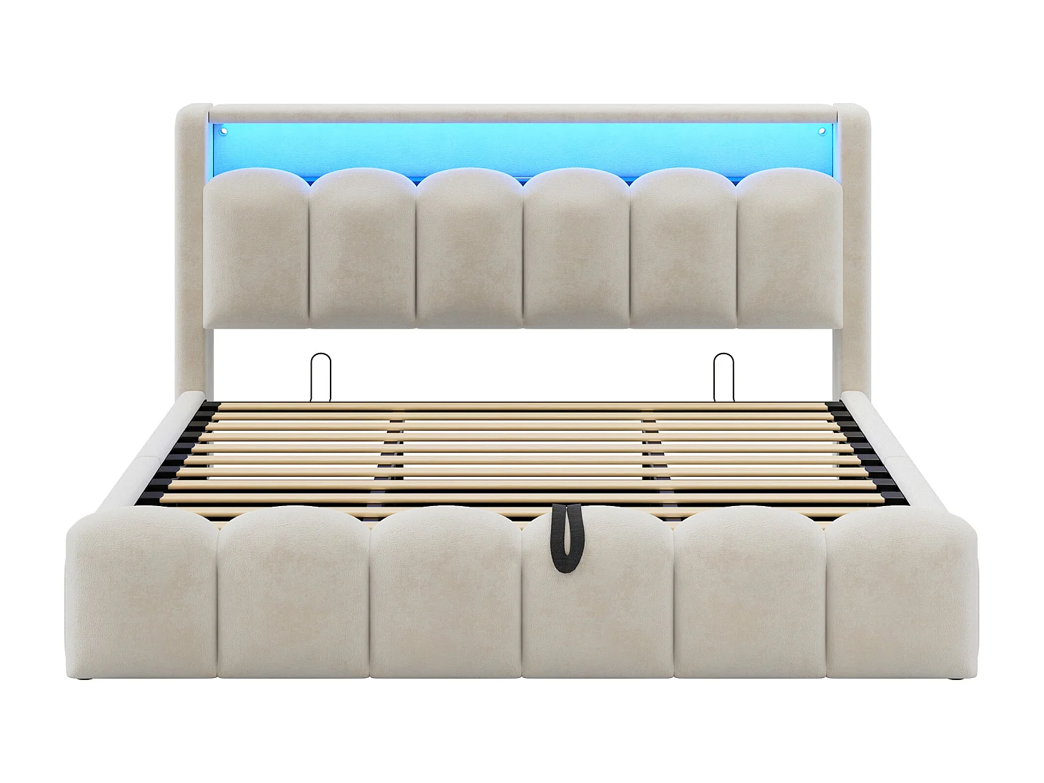 Lit double 180×200 cm en velours beige avec fonction de rangement hydraulique et ports USB