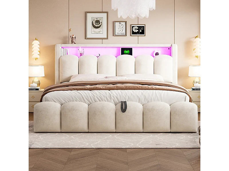 Lit double 180×200 cm en velours beige avec fonction de rangement hydraulique et ports USB