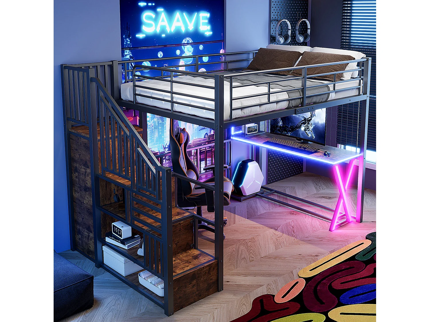 Lit mezzanine 140x200 cm en métal noir, avec éclairage LED, bureau, armoire, étagères et échelle intégrée, sans matelas