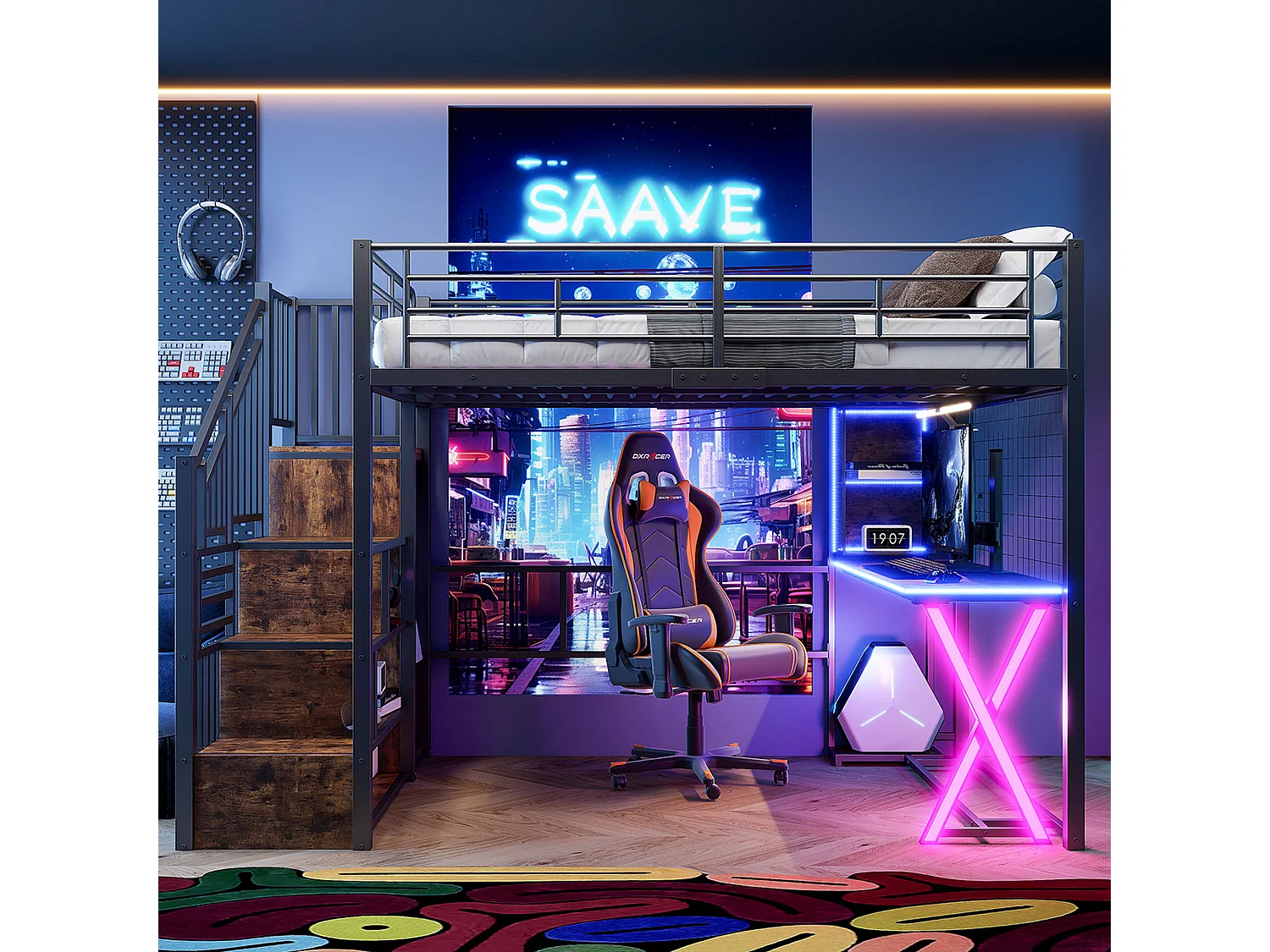 Lit mezzanine 140x200 cm en métal noir, avec éclairage LED, bureau, armoire, étagères et échelle intégrée, sans matelas