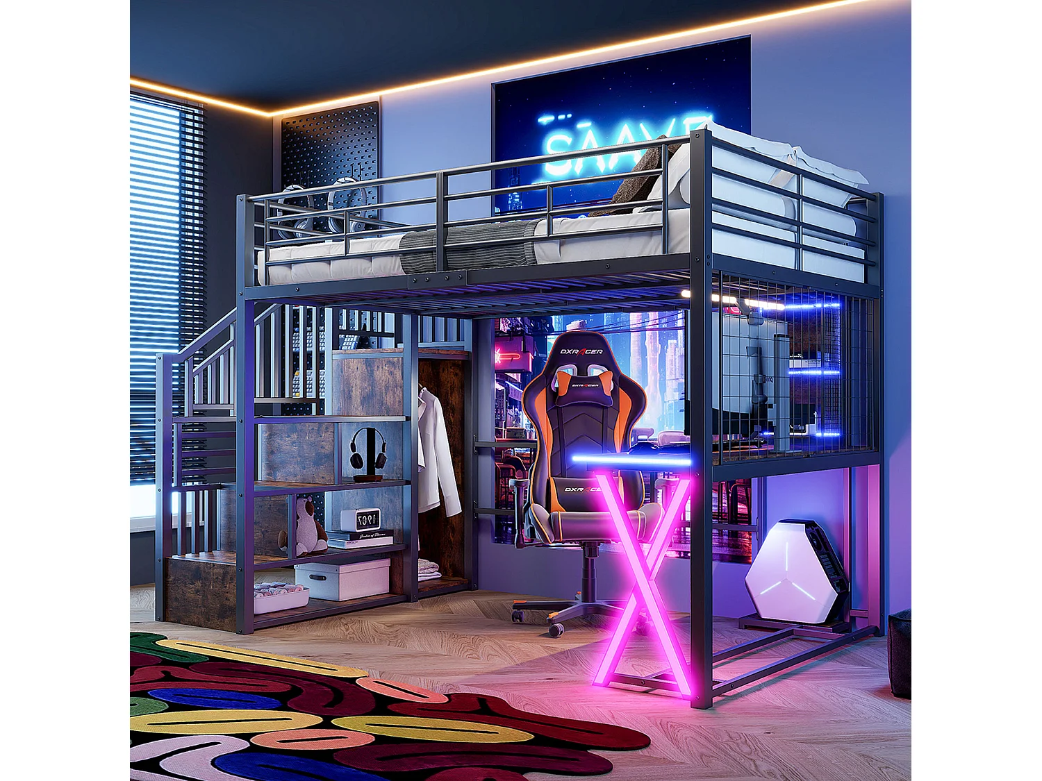 Lit mezzanine 140x200 cm en métal noir, avec éclairage LED, bureau, armoire, étagères et échelle intégrée, sans matelas