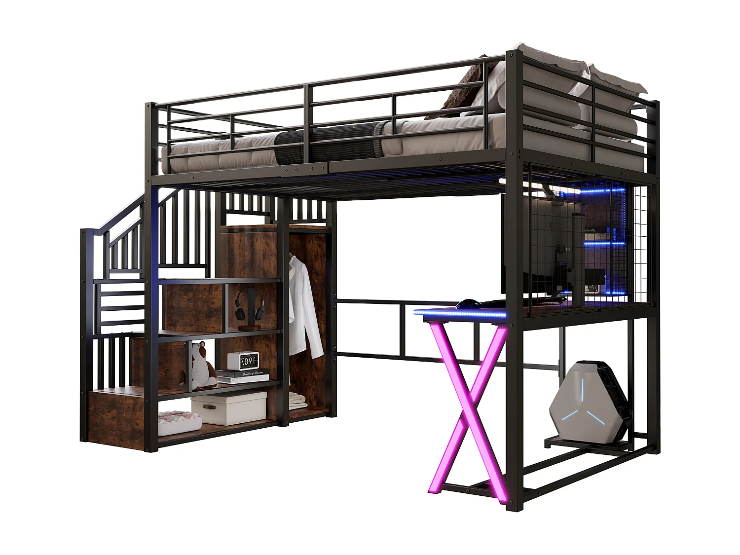 Lit mezzanine 140x200 cm en métal noir, avec éclairage LED, bureau, armoire, étagères et échelle intégrée, sans matelas