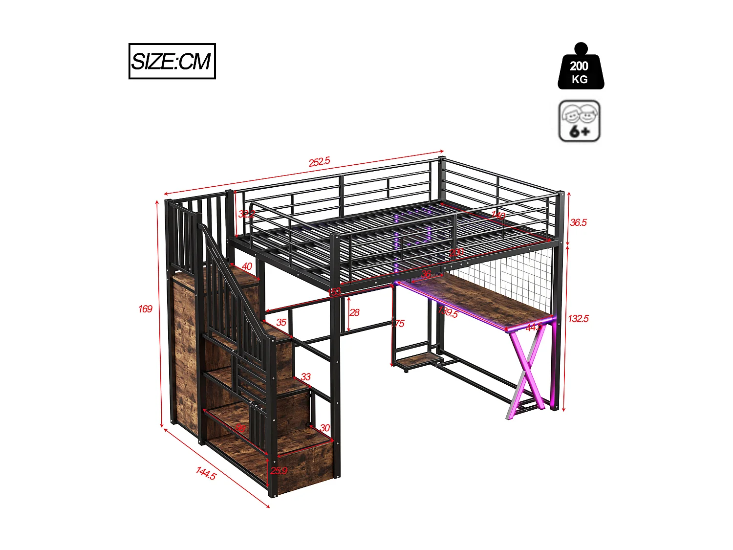 Lit mezzanine 140x200 cm en métal noir, avec éclairage LED, bureau, armoire, étagères et échelle intégrée, sans matelas