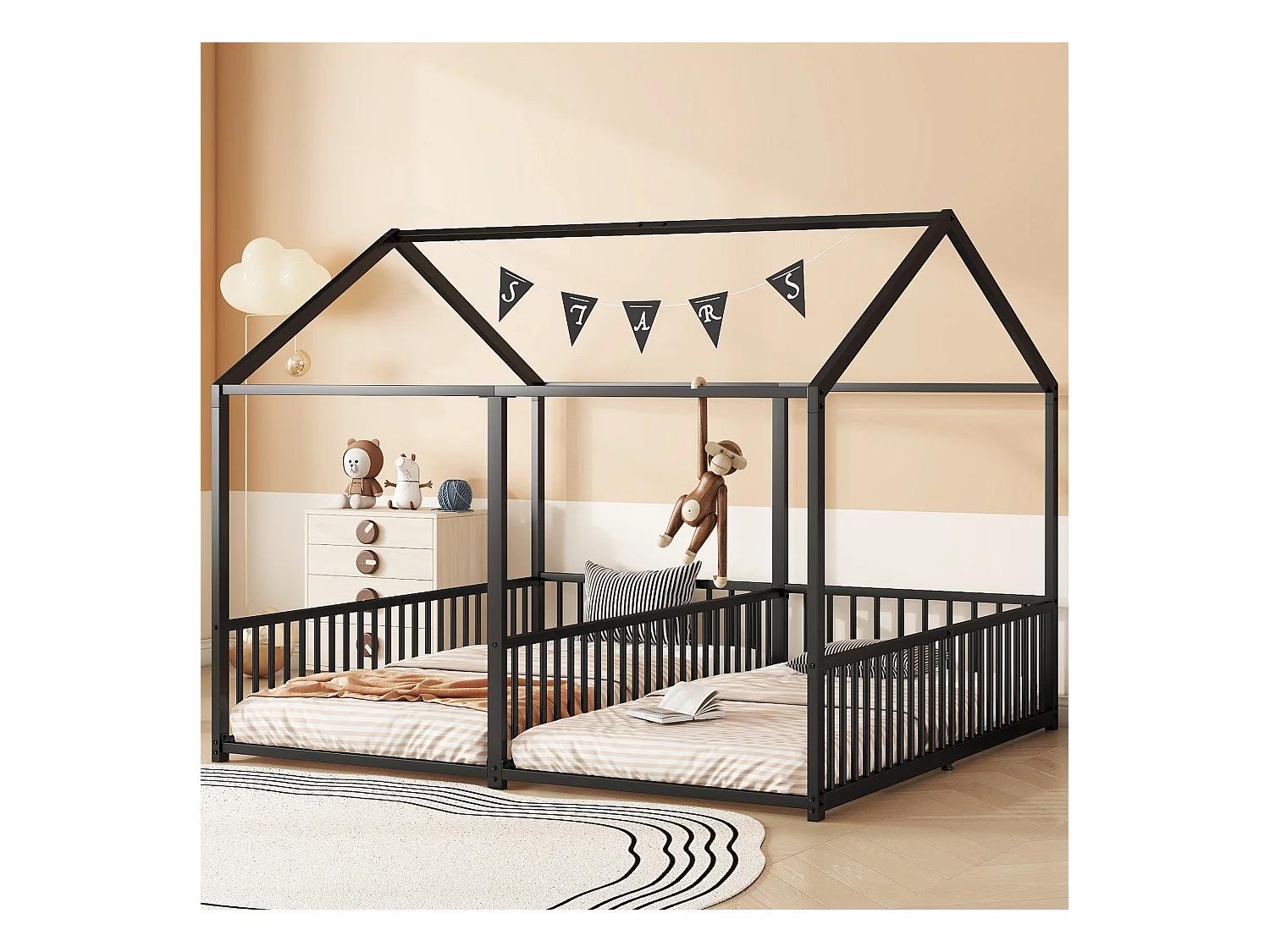 Lit en métal pour enfant 90x200 cm noir, cadre maison, avec échelle et barrière de sécurité, design double, sans matelas
