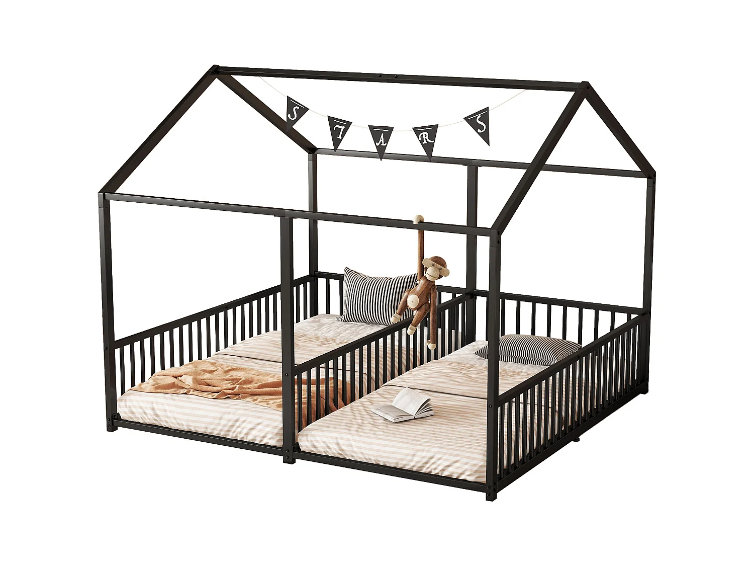Lit en métal pour enfant 90x200 cm noir, cadre maison, avec échelle et barrière de sécurité, design double, sans matelas