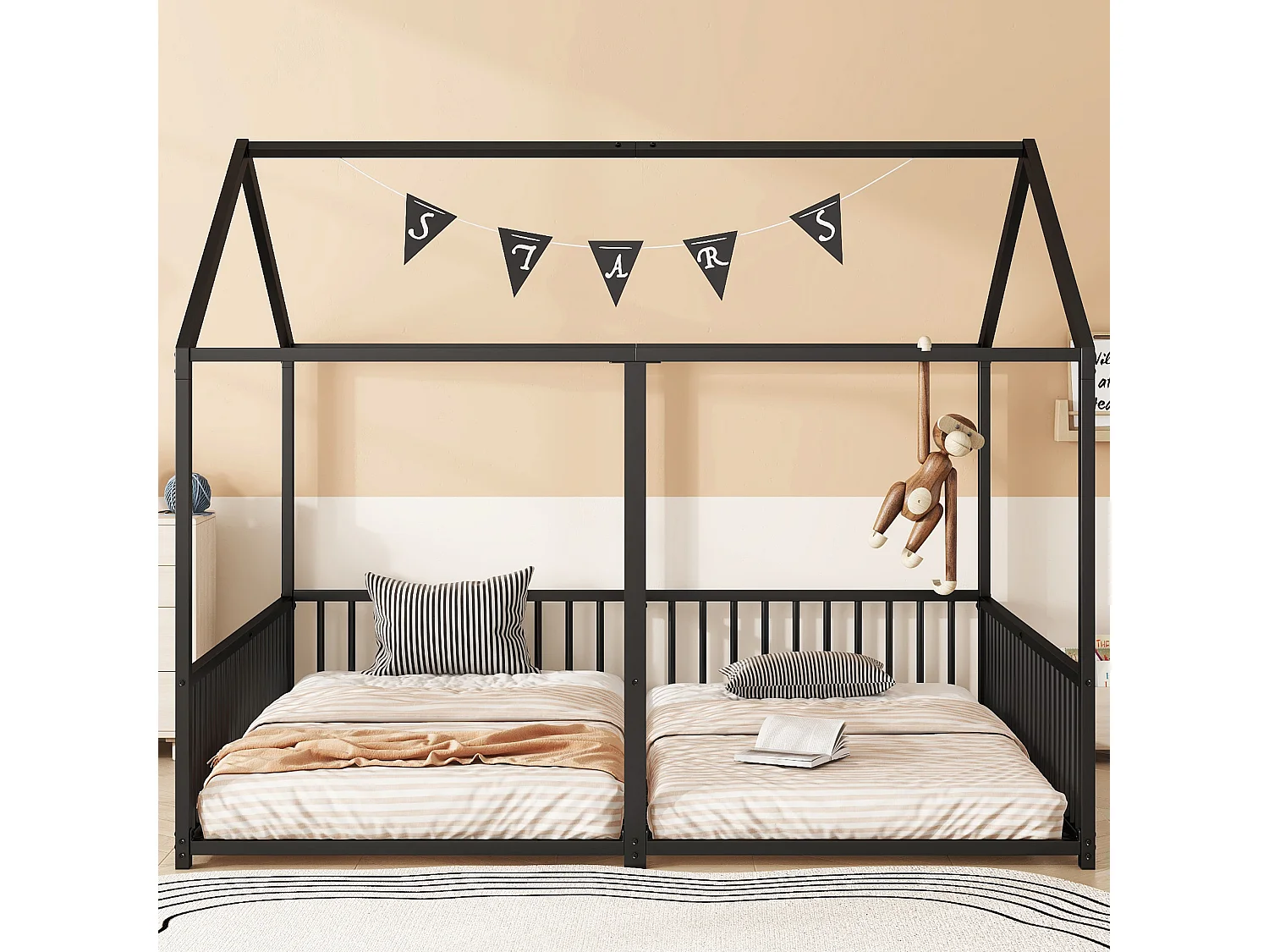 Lit en métal pour enfant 90x200 cm noir, cadre maison, avec échelle et barrière de sécurité, design double, sans matelas
