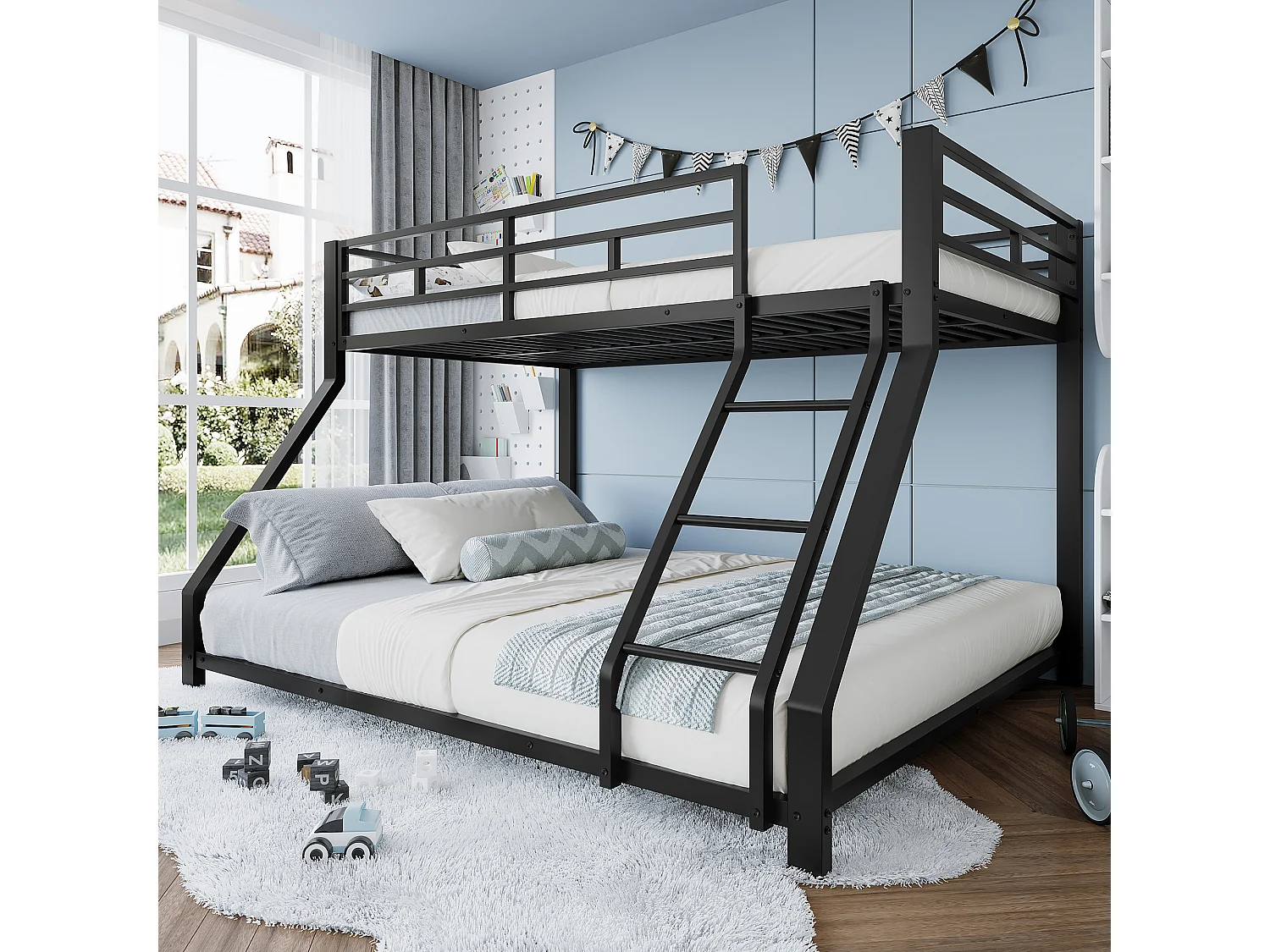 Lit superposé 90x200 et 140x200 cm, barreau et échelle, certifié EN747, sans matelas, Métal, Noir