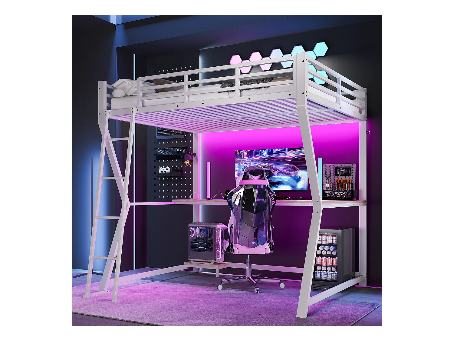 Lit mezzanine 140x200 cm avec LED, support pour console, bureau, prise + USB, rambarde, échelle, sans matelas, Blanc