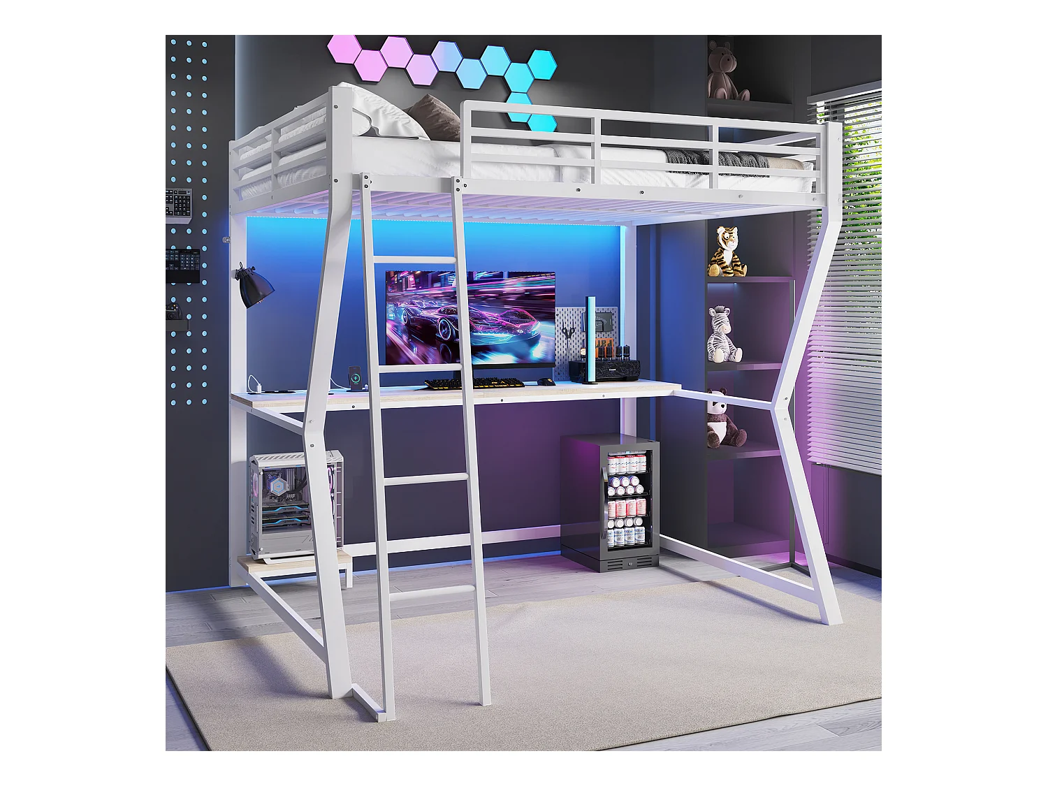 Lit mezzanine 140x200 cm avec LED, support pour console, bureau, prise + USB, rambarde, échelle, sans matelas, Blanc