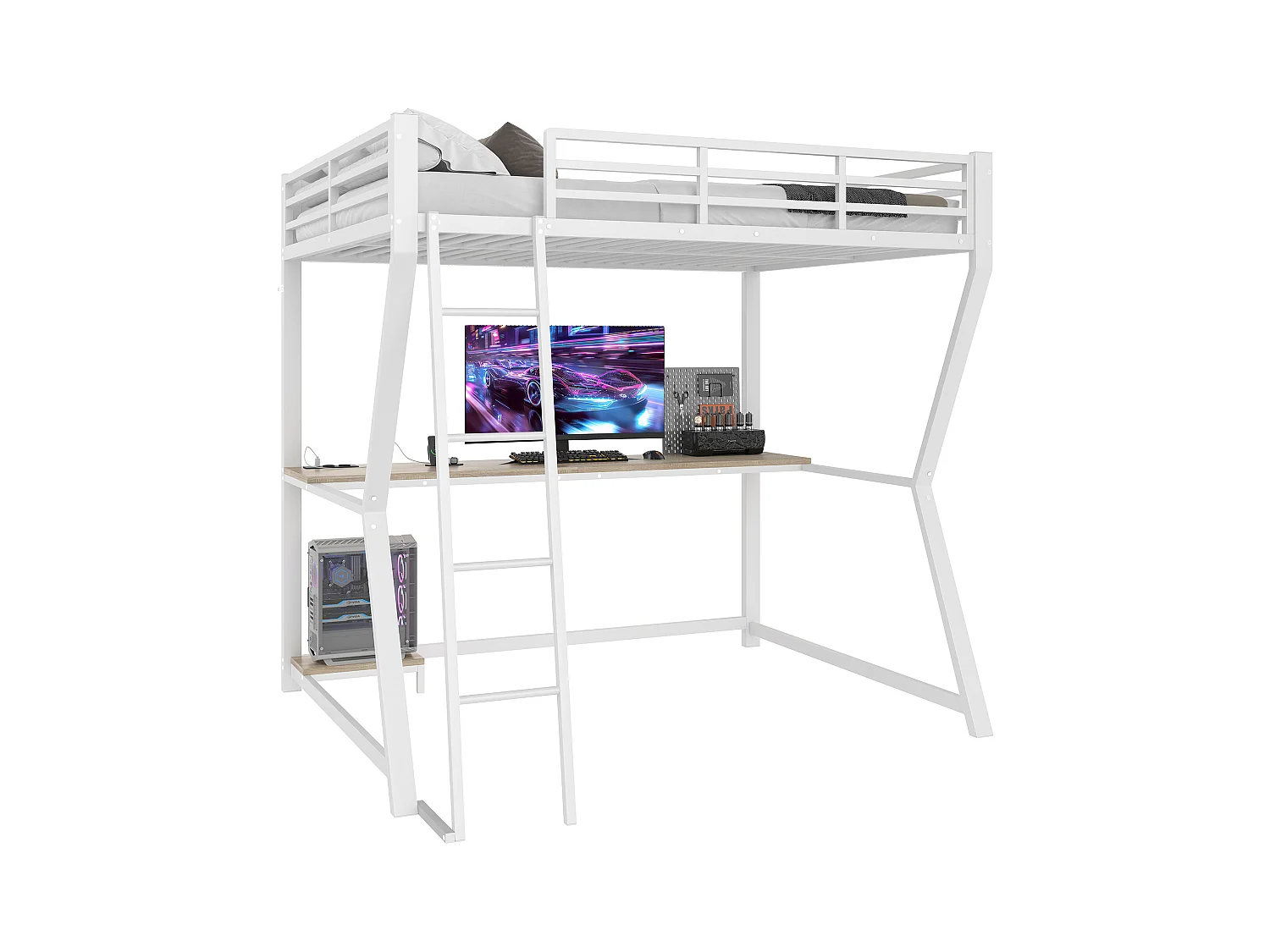 Lit mezzanine 140x200 cm avec LED, support pour console, bureau, prise + USB, rambarde, échelle, sans matelas, Blanc