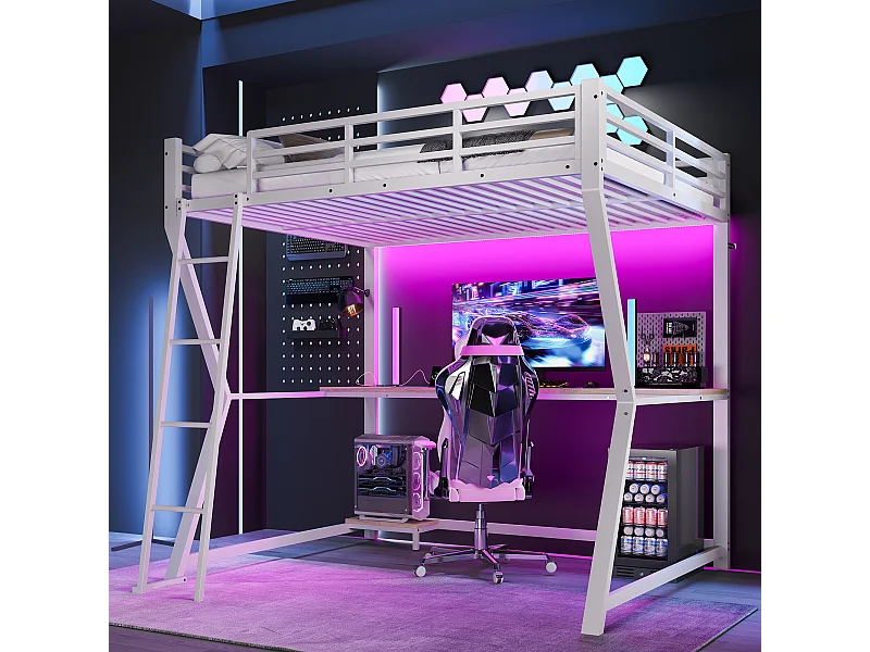 Lit mezzanine 140x200 cm avec LED, support pour console, bureau, prise + USB, rambarde, échelle, sans matelas, Blanc