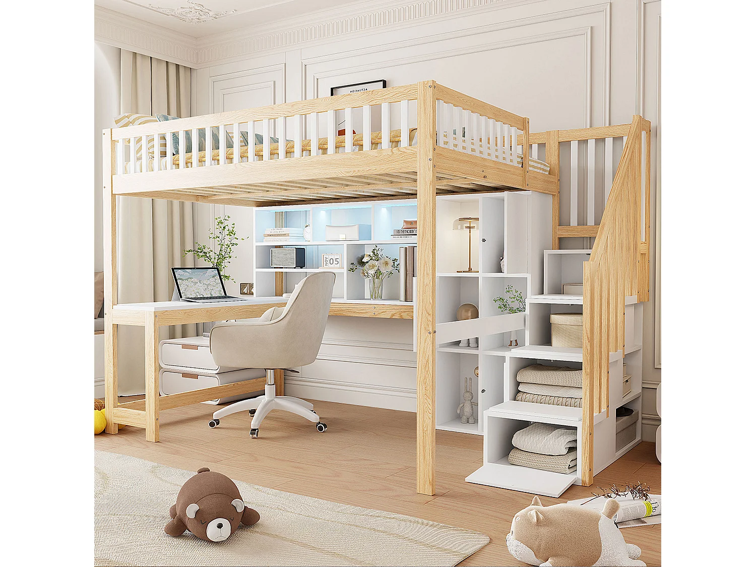 Lit mezzanine 140x200 cm en bois blanc et naturel, avec LED, bureau, étagères, rangements ouverts et échelle intégrée