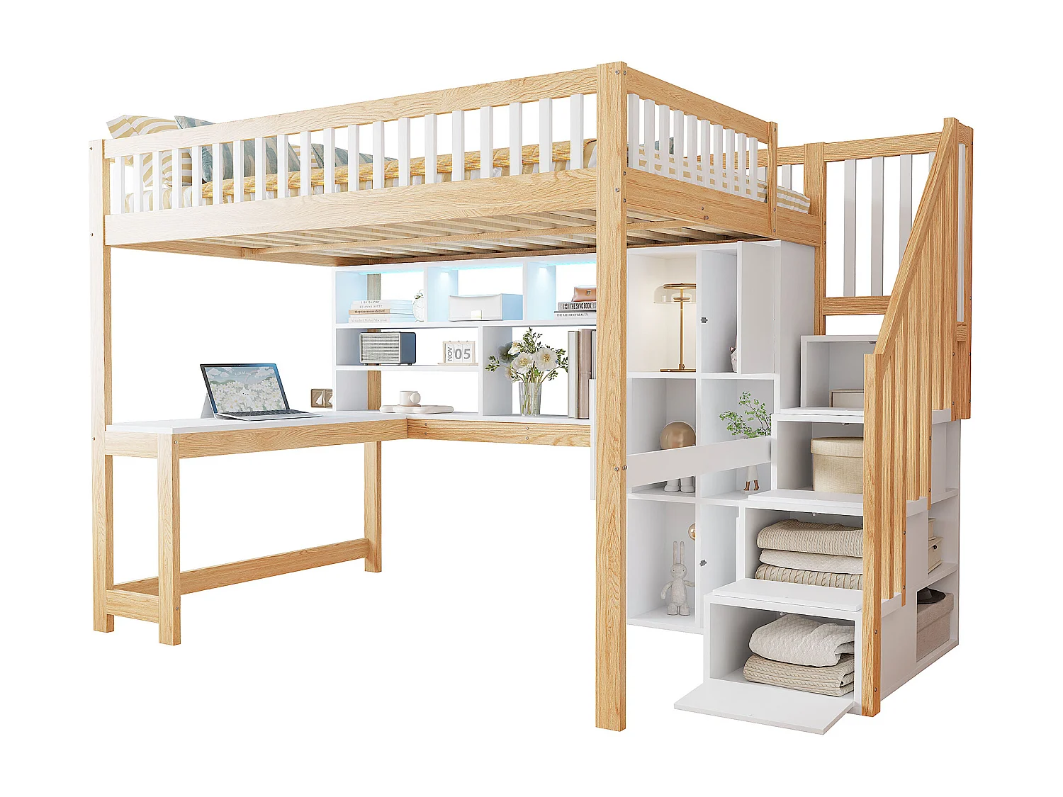 Lit mezzanine 140x200 cm en bois blanc et naturel, avec LED, bureau, étagères, rangements ouverts et échelle intégrée