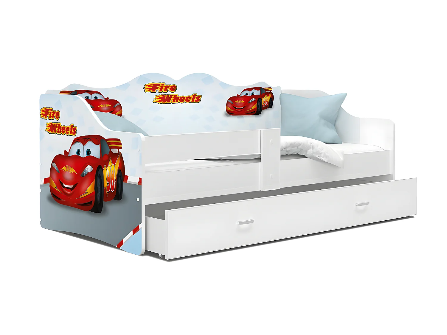 Lit Banquette Neli Cars 80x160 Blanc Livré avec sommiers, tiroir et matelas en mousse de 7cm