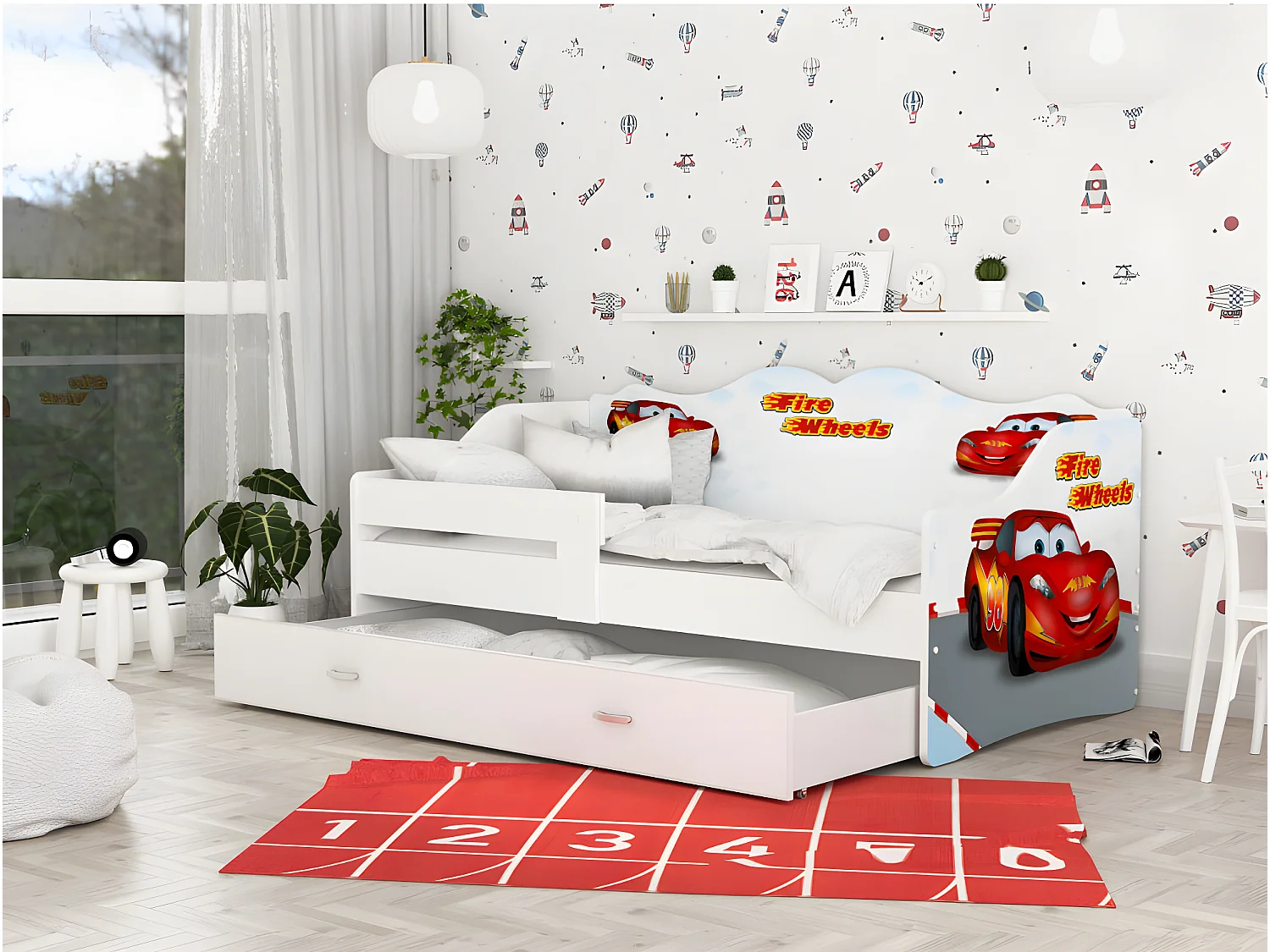 Lit Banquette Neli Cars 80x160 Blanc Livré avec sommiers, tiroir et matelas en mousse de 7cm