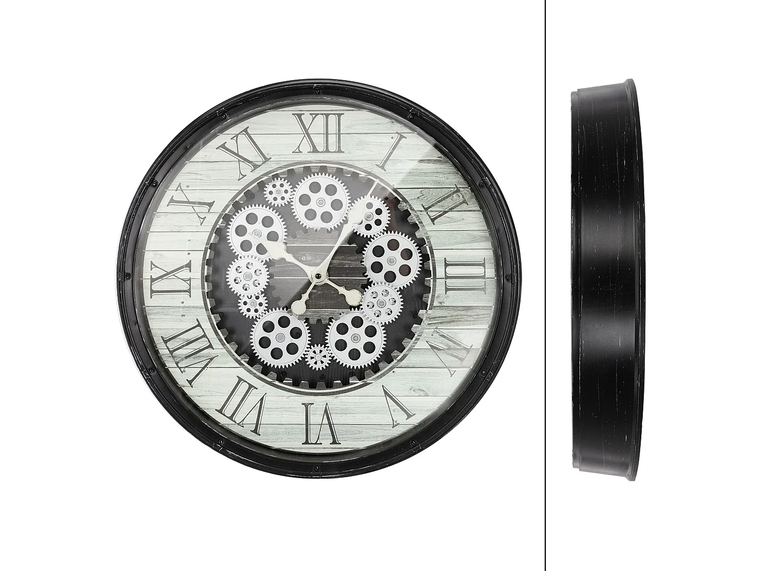 Horloge murale analogique design industriel MDF bois noir rond Ø48 cm ECD Germany