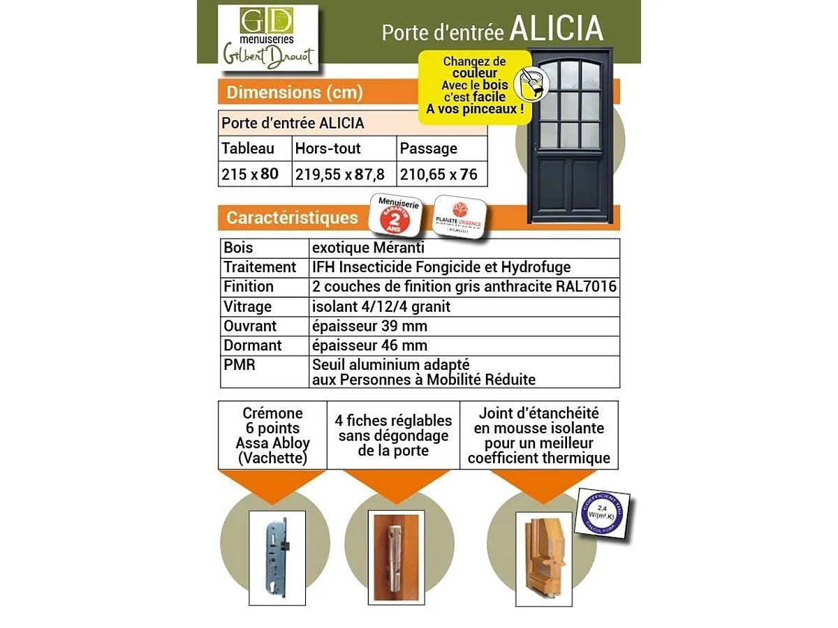 Porte d'entree Bois vitree, Alicia, gris RAL7016, H,215xl,80 p,gauche Cote Tableau