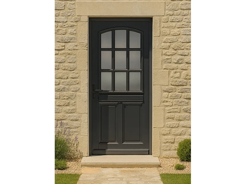 Porte D'entrée Bois Vitrée Alicia Gris Anthr., H.215xl.80 Cm Côte Tableau, P.droit Gd Menuiseries